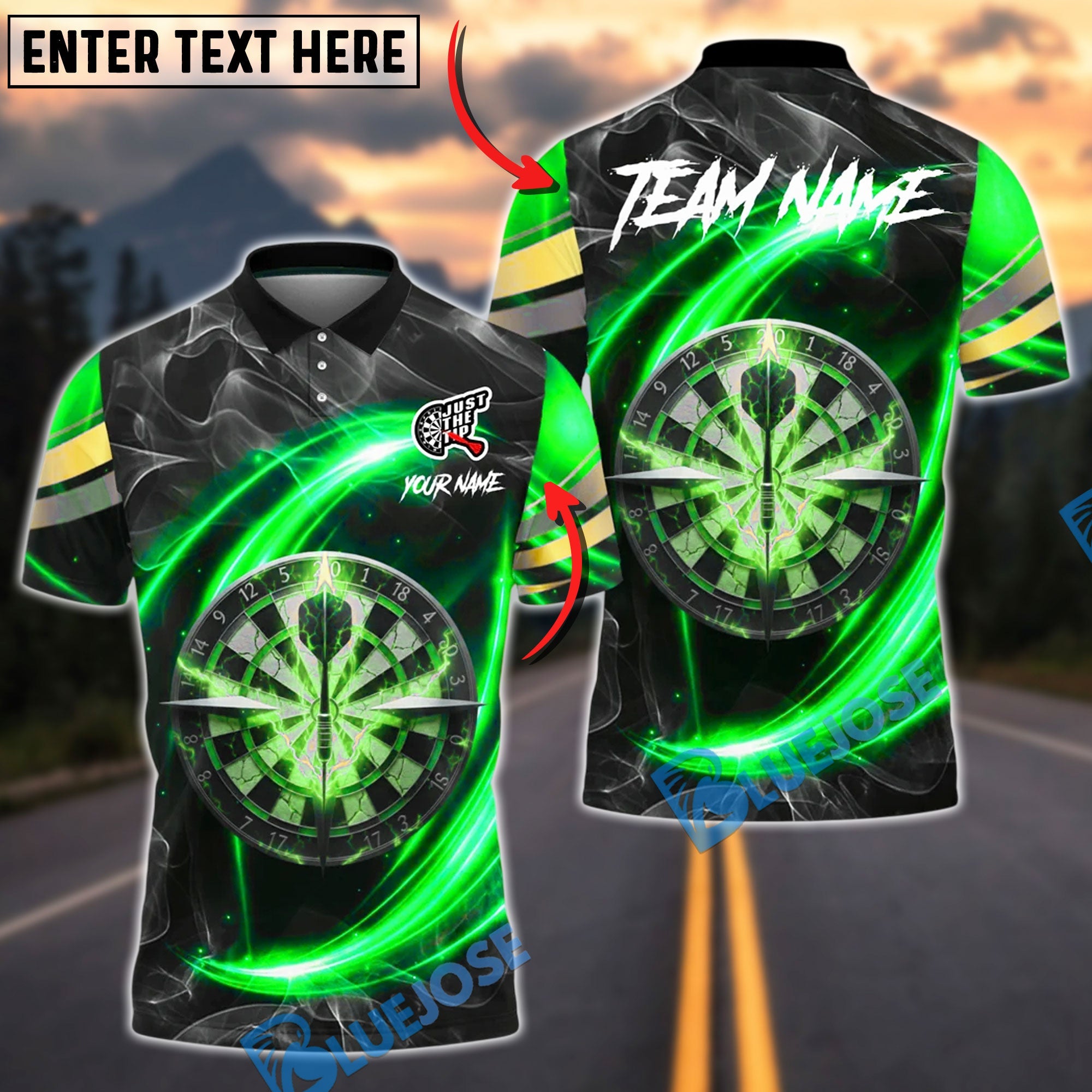 BlueJose Darts Cosmic Energy Neon Swirl Design Personalized Name, Team Name Unisex Shirt (4 Colors)