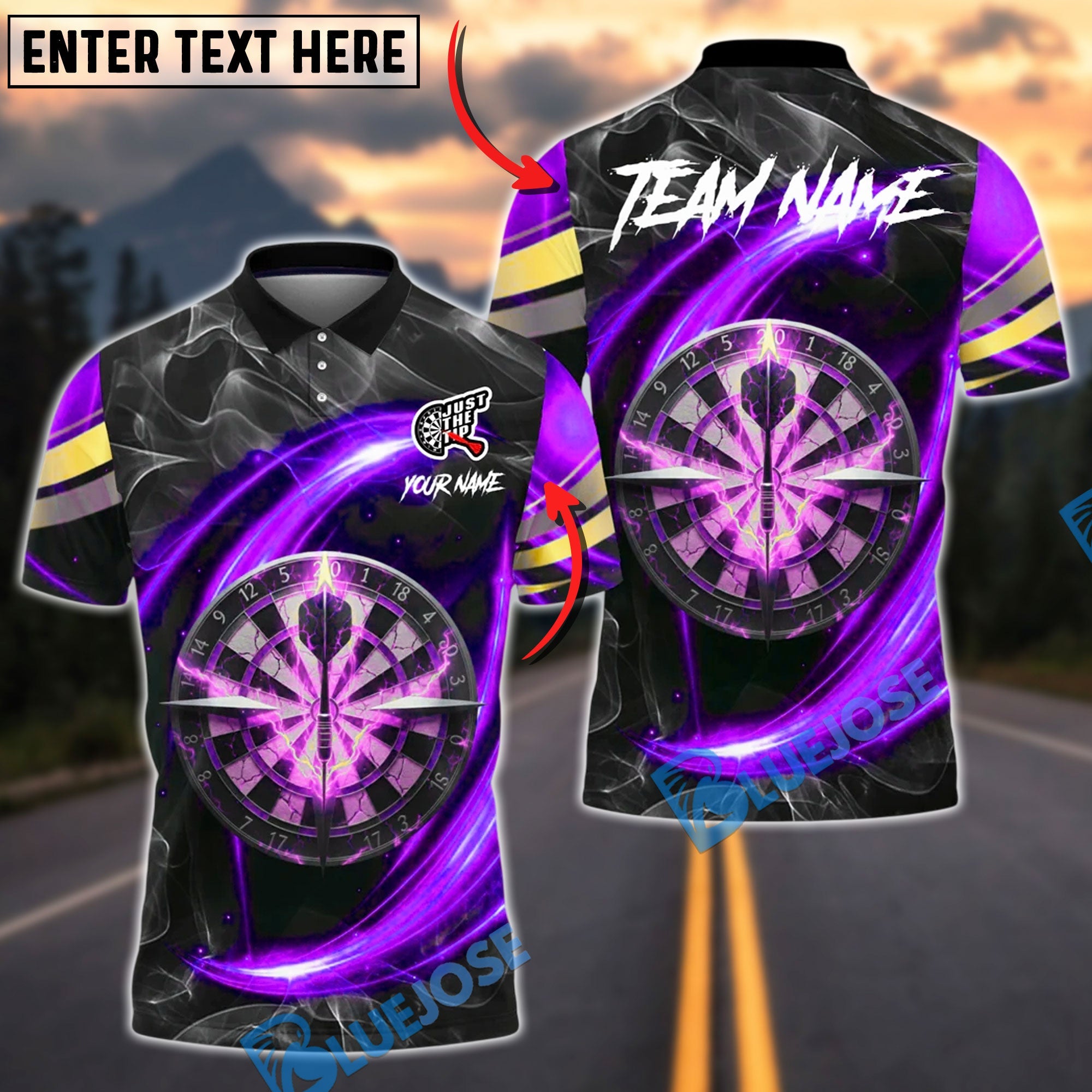 BlueJose Darts Cosmic Energy Neon Swirl Design Personalized Name, Team Name Unisex Shirt (4 Colors)