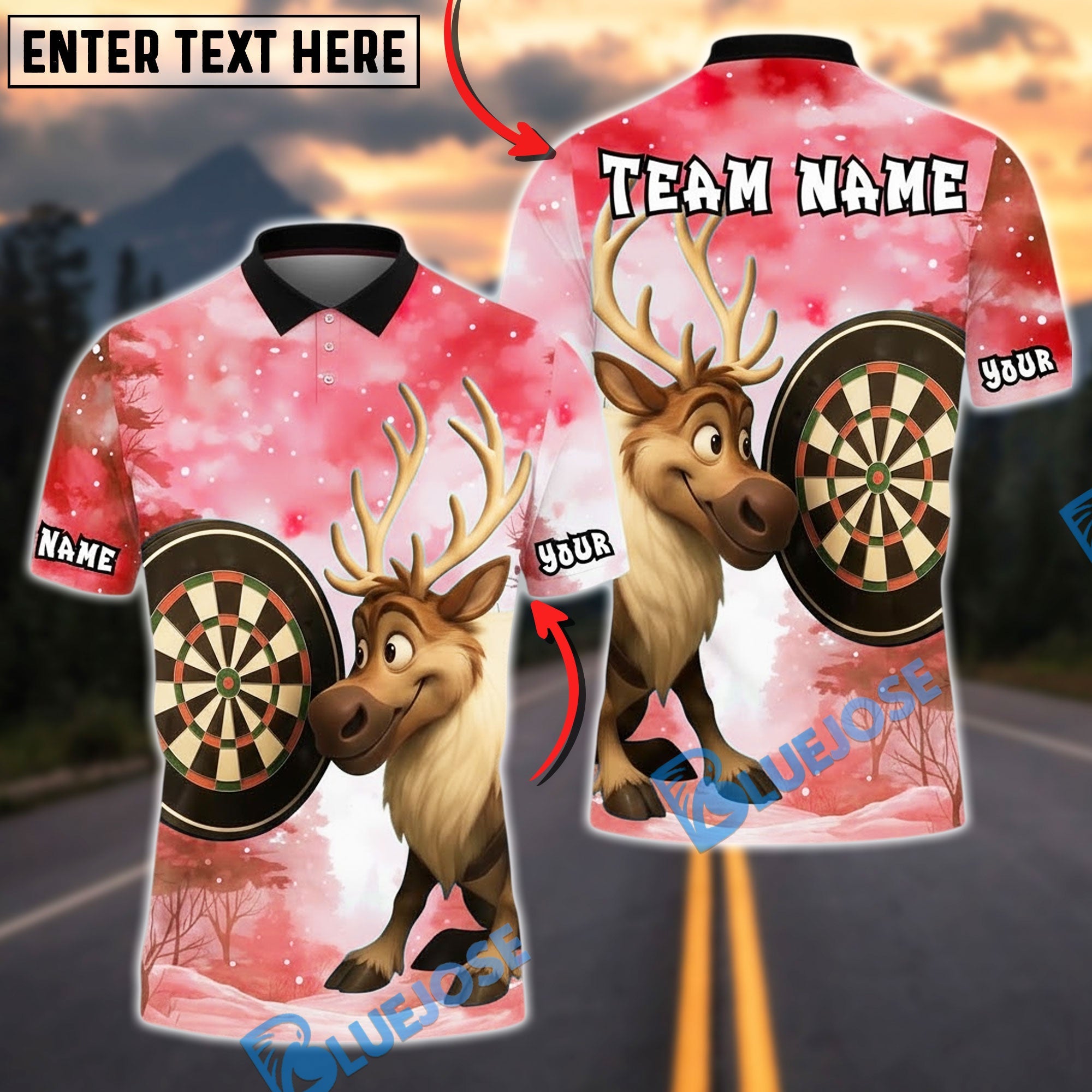BlueJose Darts Reindeer Christmas Dartboard Winter Personalized Name, Team Name Unisex Shirt (4 Colors)