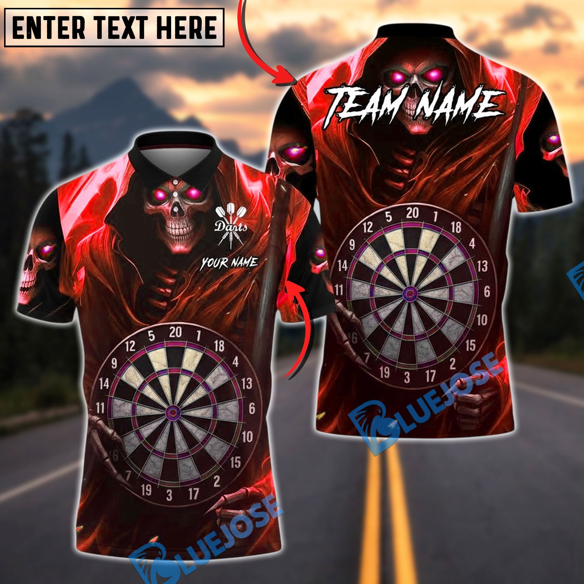 BlueJose Darts Dark Soul Skull Electric Dartboard Personalized Name, Team Name Unisex Shirt (4 Colors)