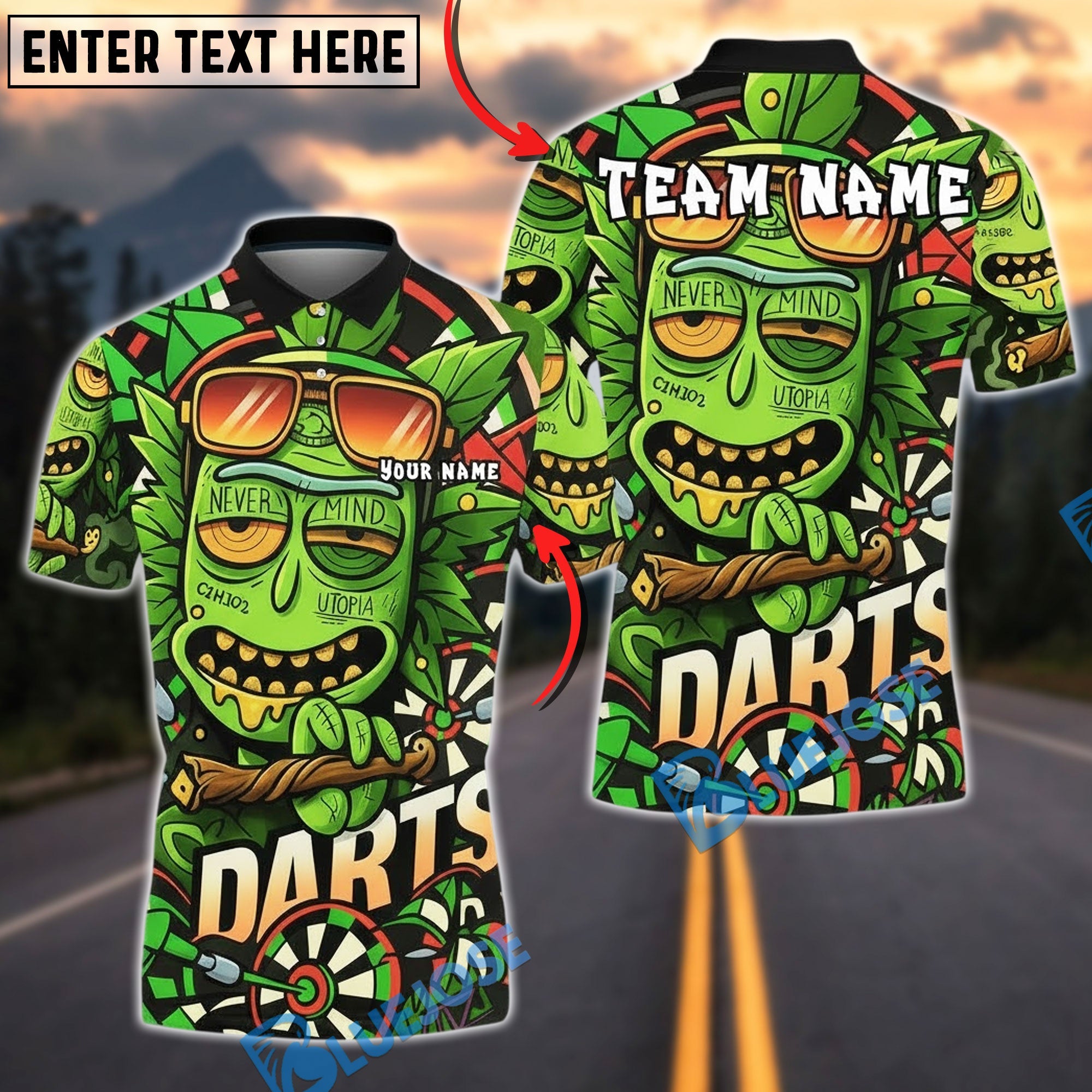BlueJose Darts Funny Green Leaf Dartboard Cartoon Personalized Name, Team Name Unisex Shirt (4 Colors)