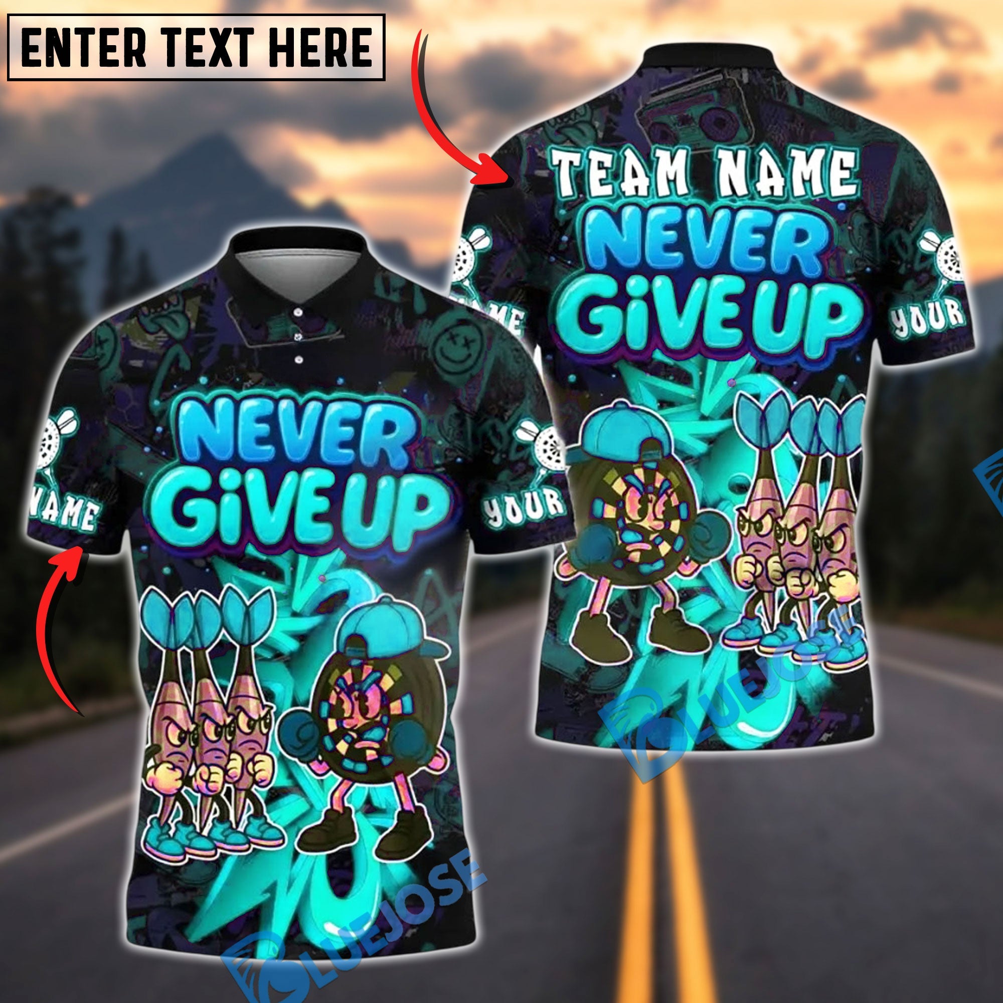 BlueJose Darts Never Give Up Graffiti Style Personalized Name, Team Name Unisex Shirt (4 Colors)