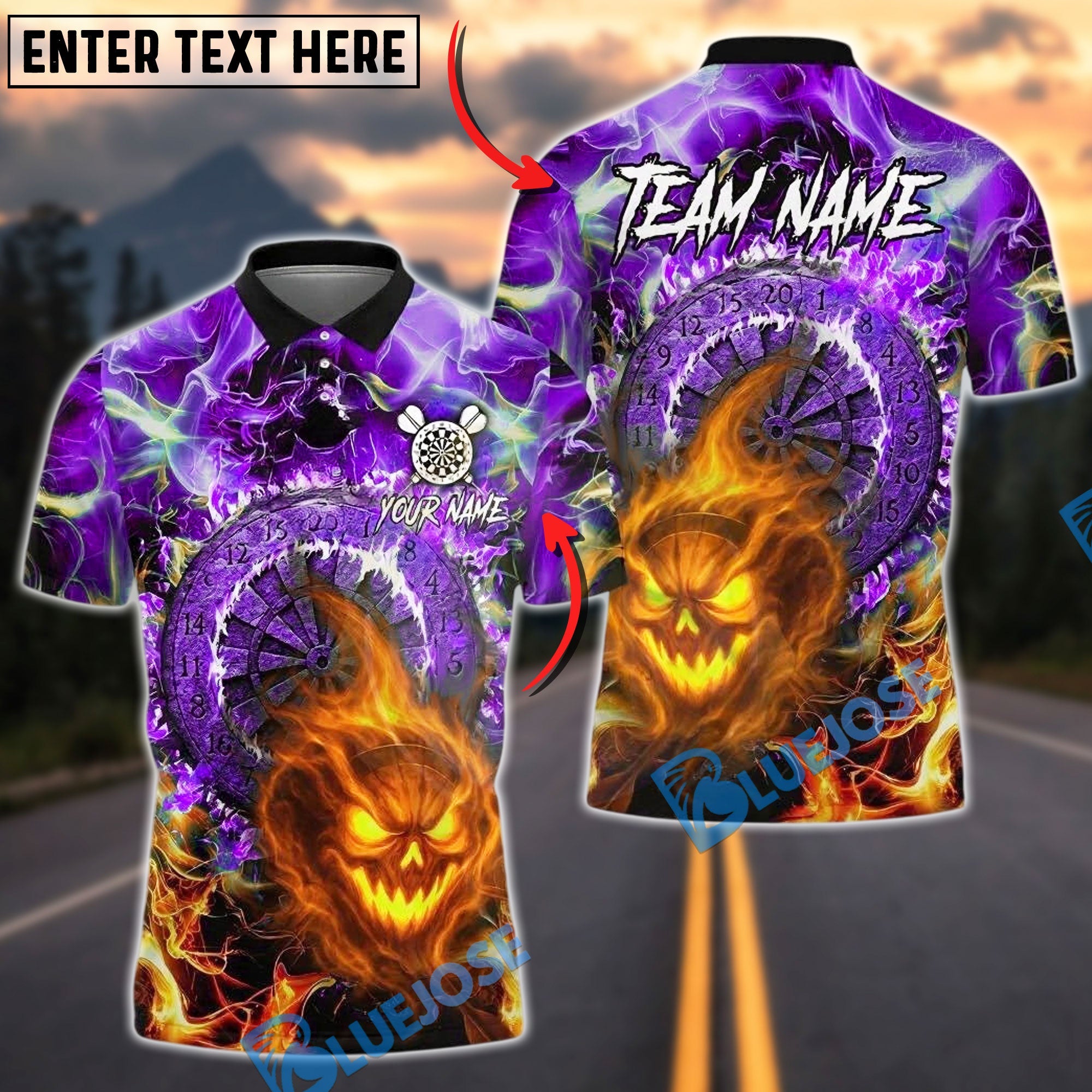 BlueJose Darts Dartboard Flaming Halloween Skull Lightning Personalized Name, Team Name Unisex Shirt (4 Colors)