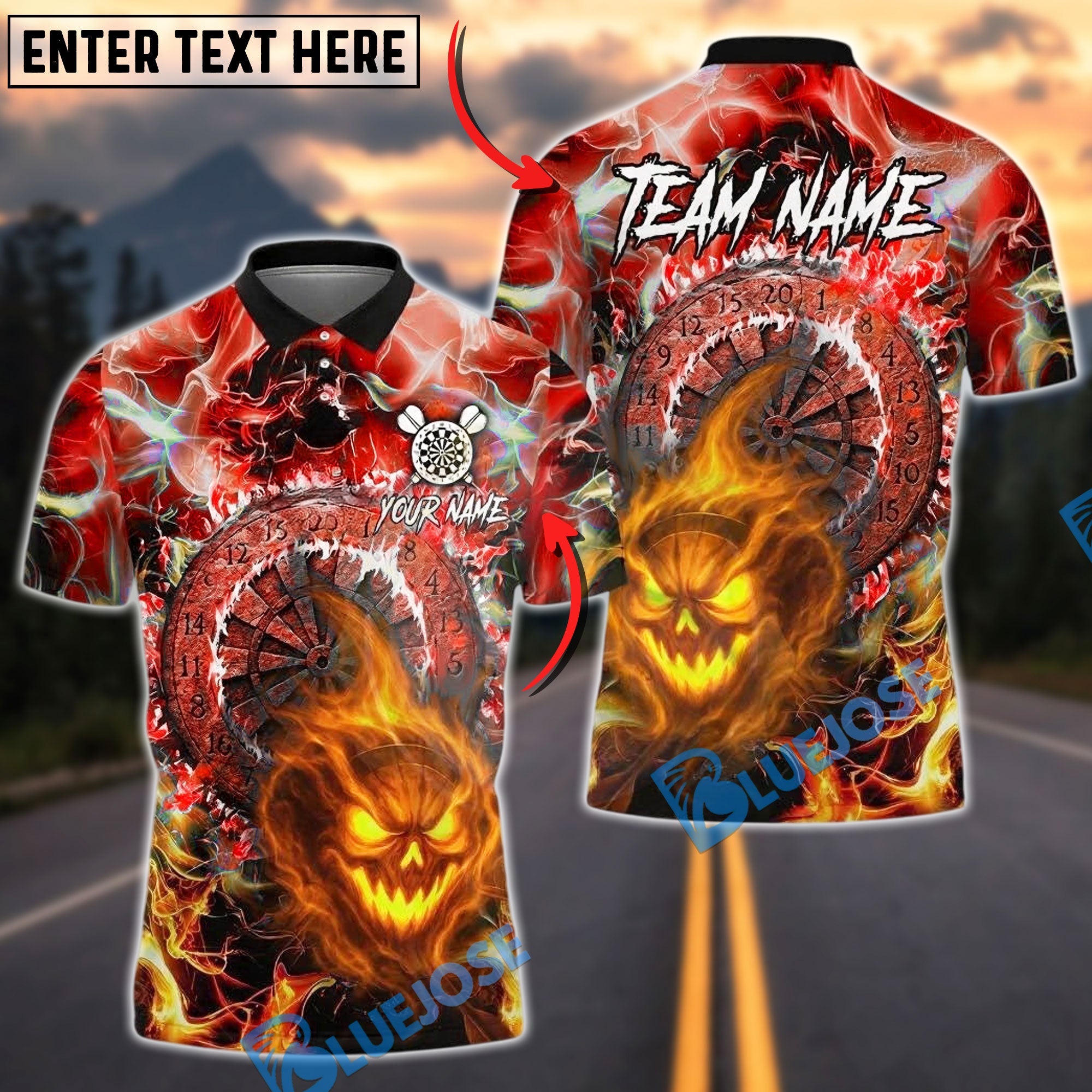 BlueJose Darts Dartboard Flaming Halloween Skull Lightning Personalized Name, Team Name Unisex Shirt (4 Colors)