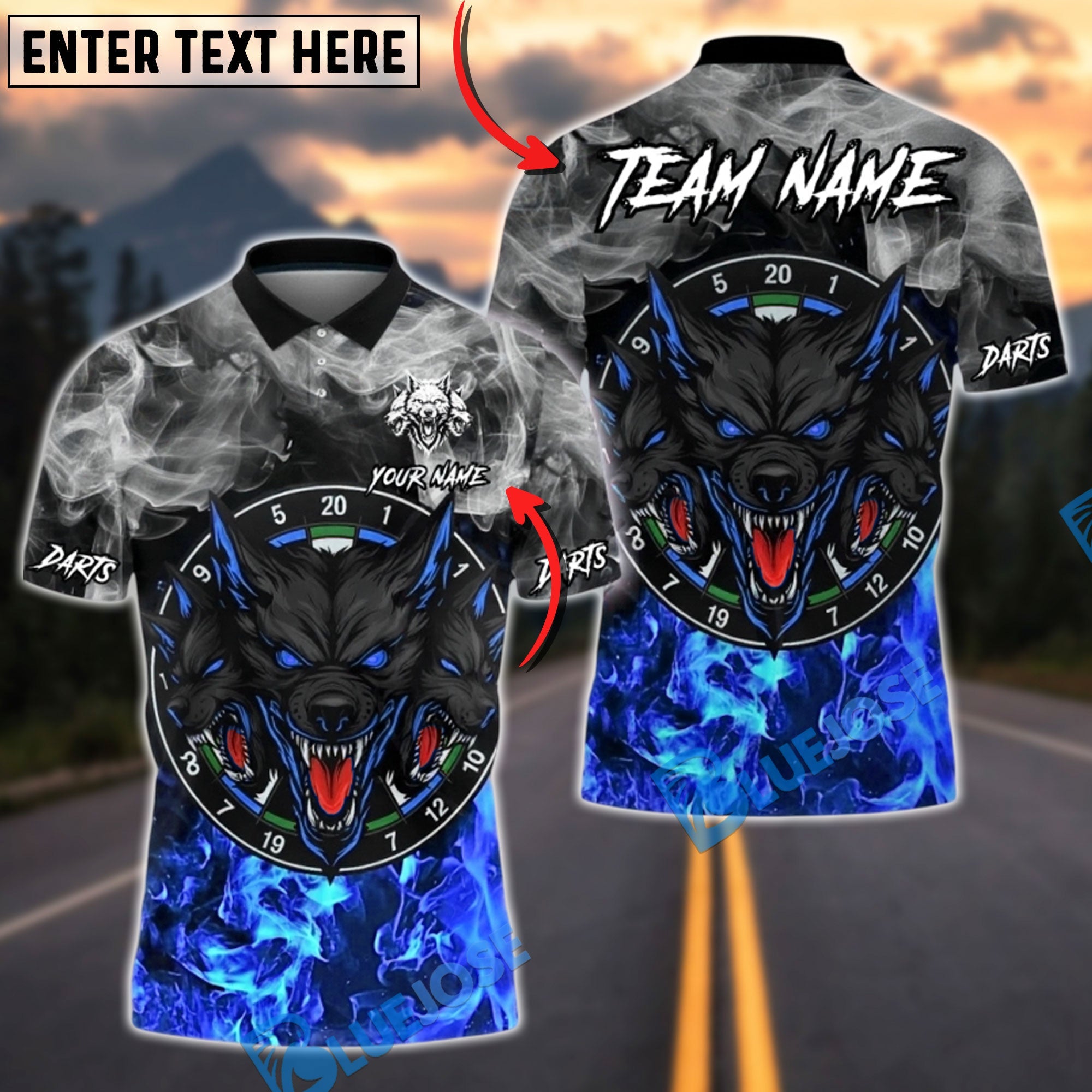 BlueJose Darts Fierce Wolf Darts Flame Art Personalized Name, Team Name Unisex Shirt (4 Colors)