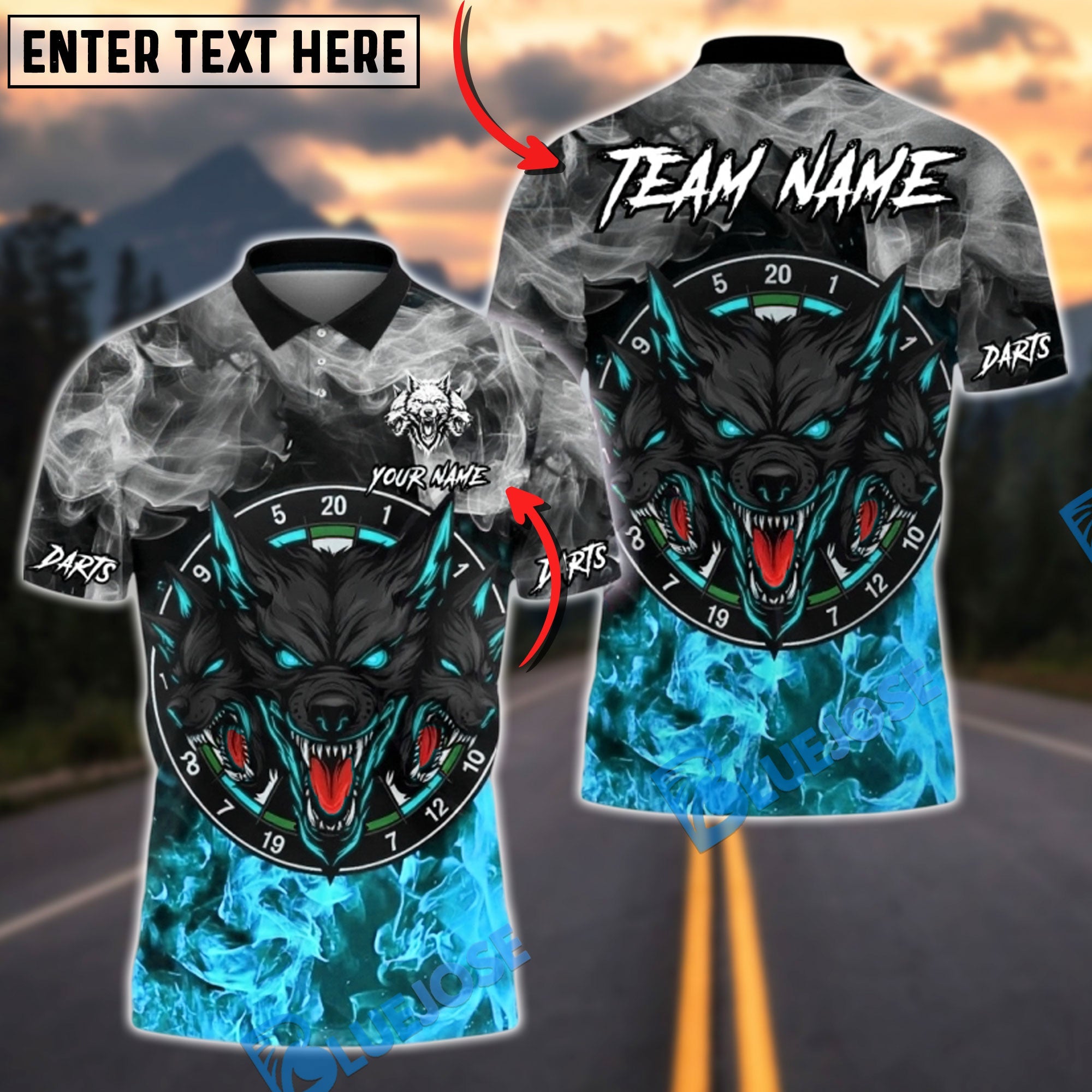 BlueJose Darts Fierce Wolf Darts Flame Art Personalized Name, Team Name Unisex Shirt (4 Colors)