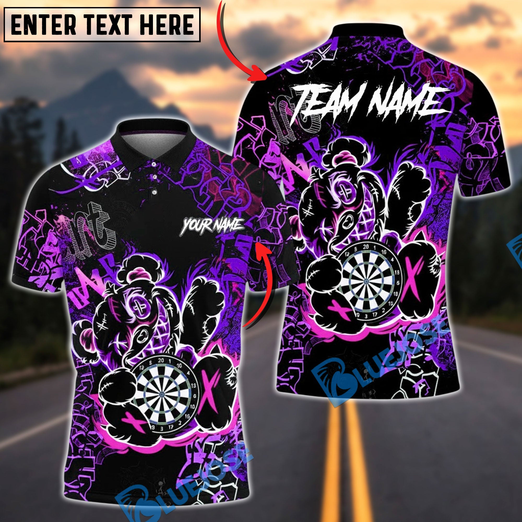 BlueJose Darts Graffiti Bear Dartboard Neon Splash Multicolor Options Personalized Name Shirt (4 Colors)