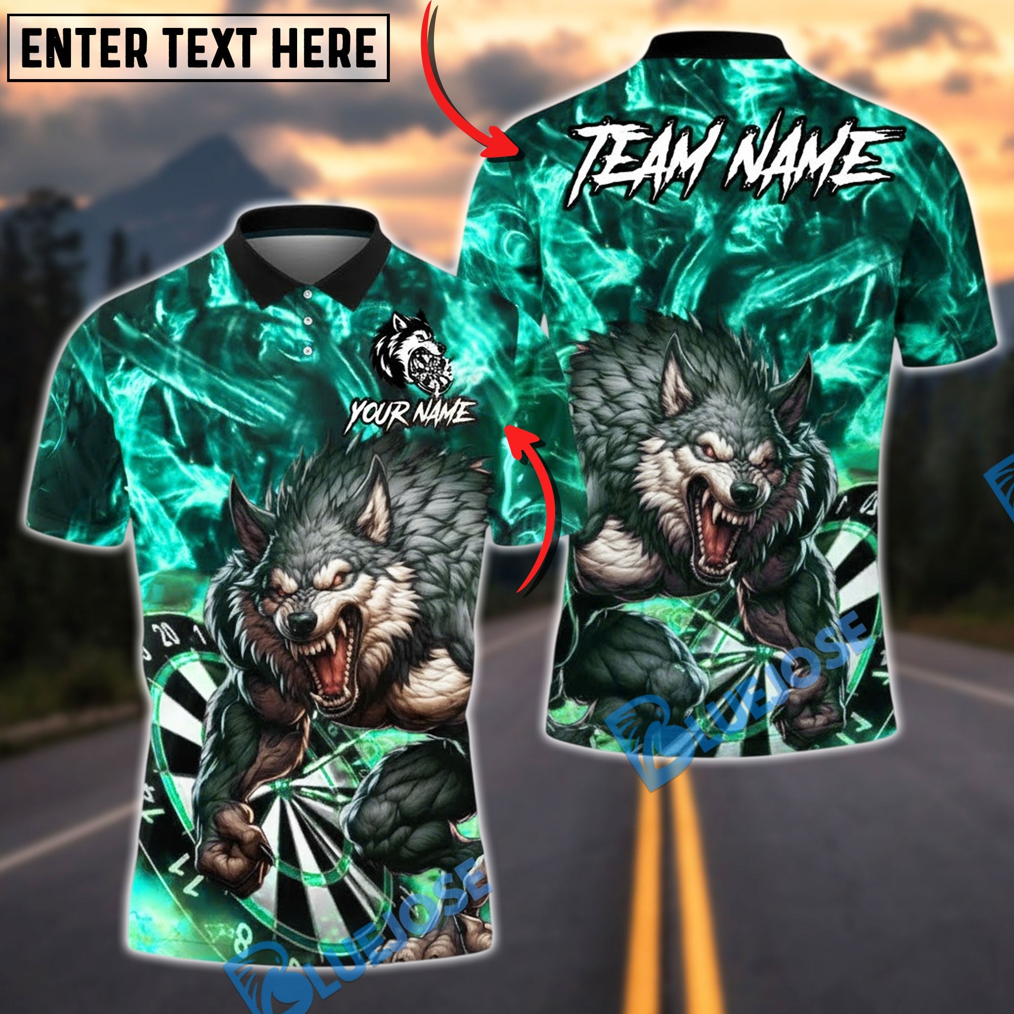 BlueJose Darts Fierce Howling Wolf with Lightning Personalized Name, Team Name Unisex Shirt (4 Colors)