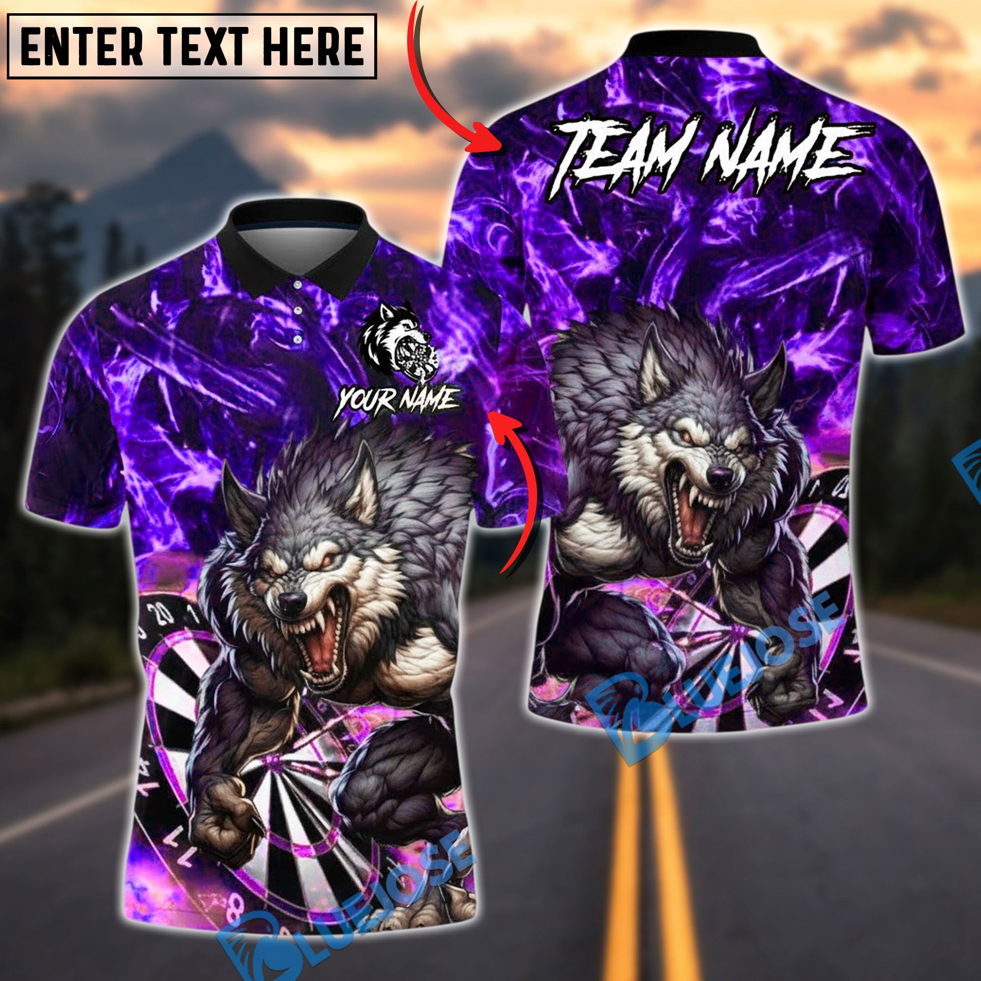 BlueJose Darts Fierce Howling Wolf with Lightning Personalized Name, Team Name Unisex Shirt (4 Colors)