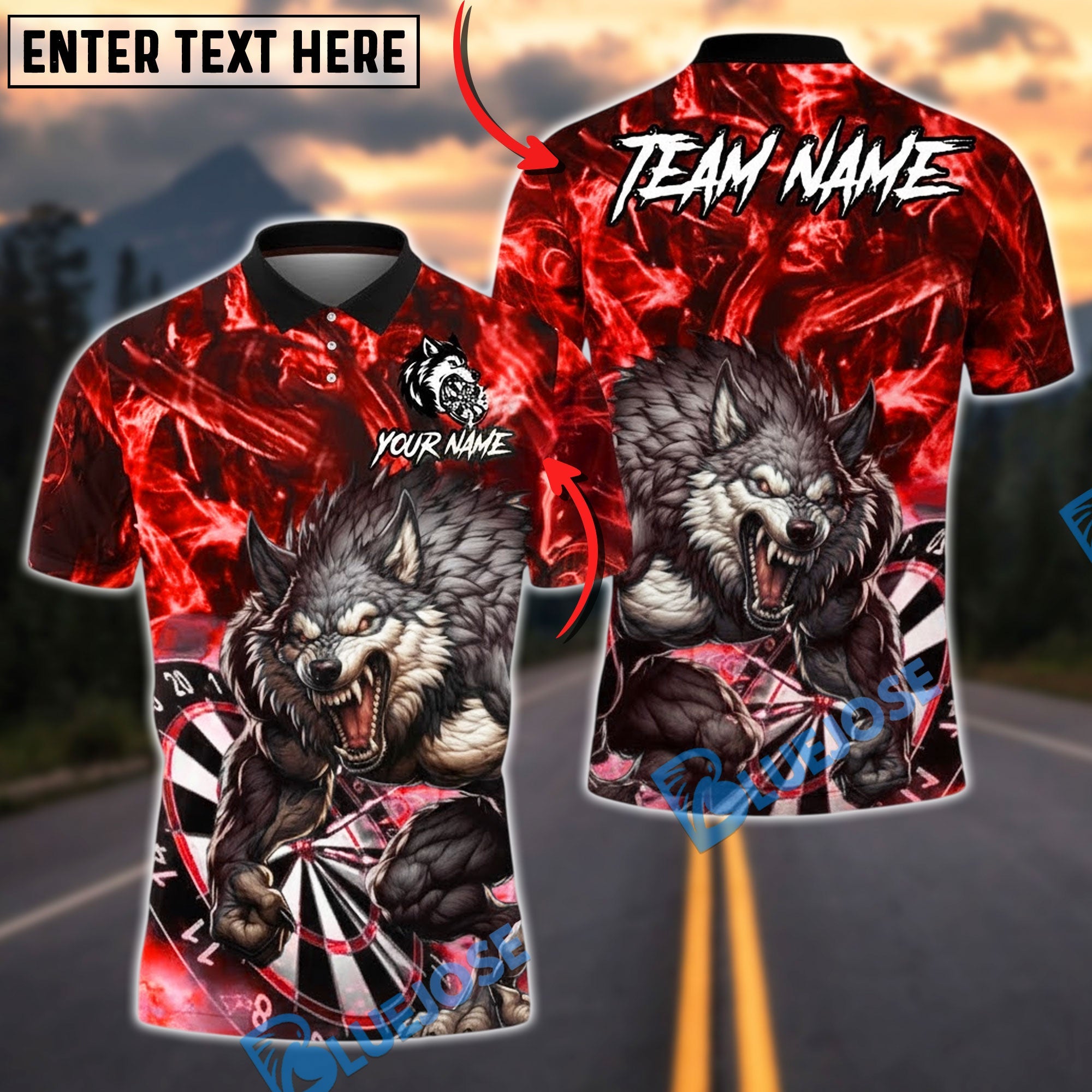 BlueJose Darts Fierce Howling Wolf with Lightning Personalized Name, Team Name Unisex Shirt (4 Colors)