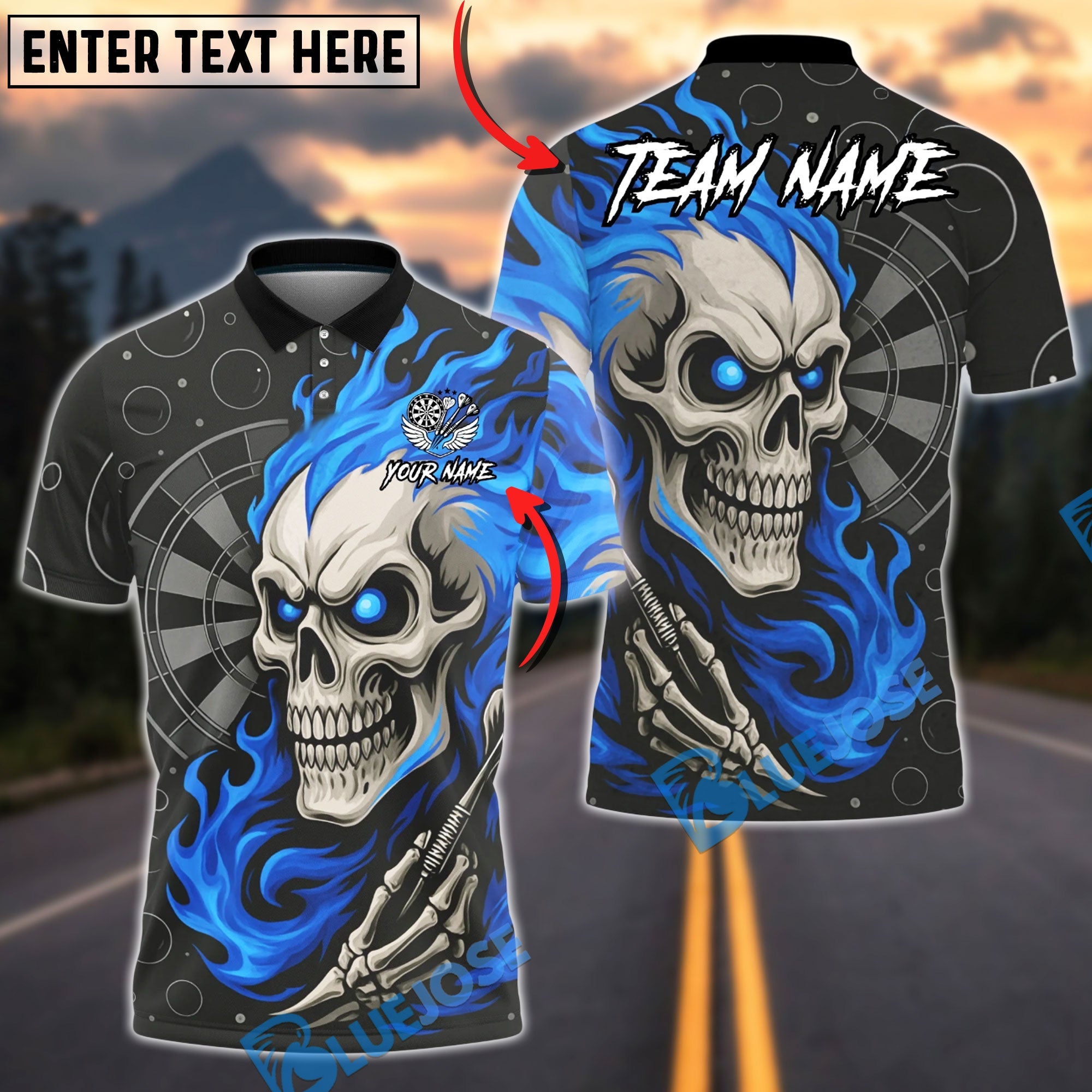 BlueJose Darts Flame Skull Art Multicolor Options Personalized Name Shirt (4 Colors)