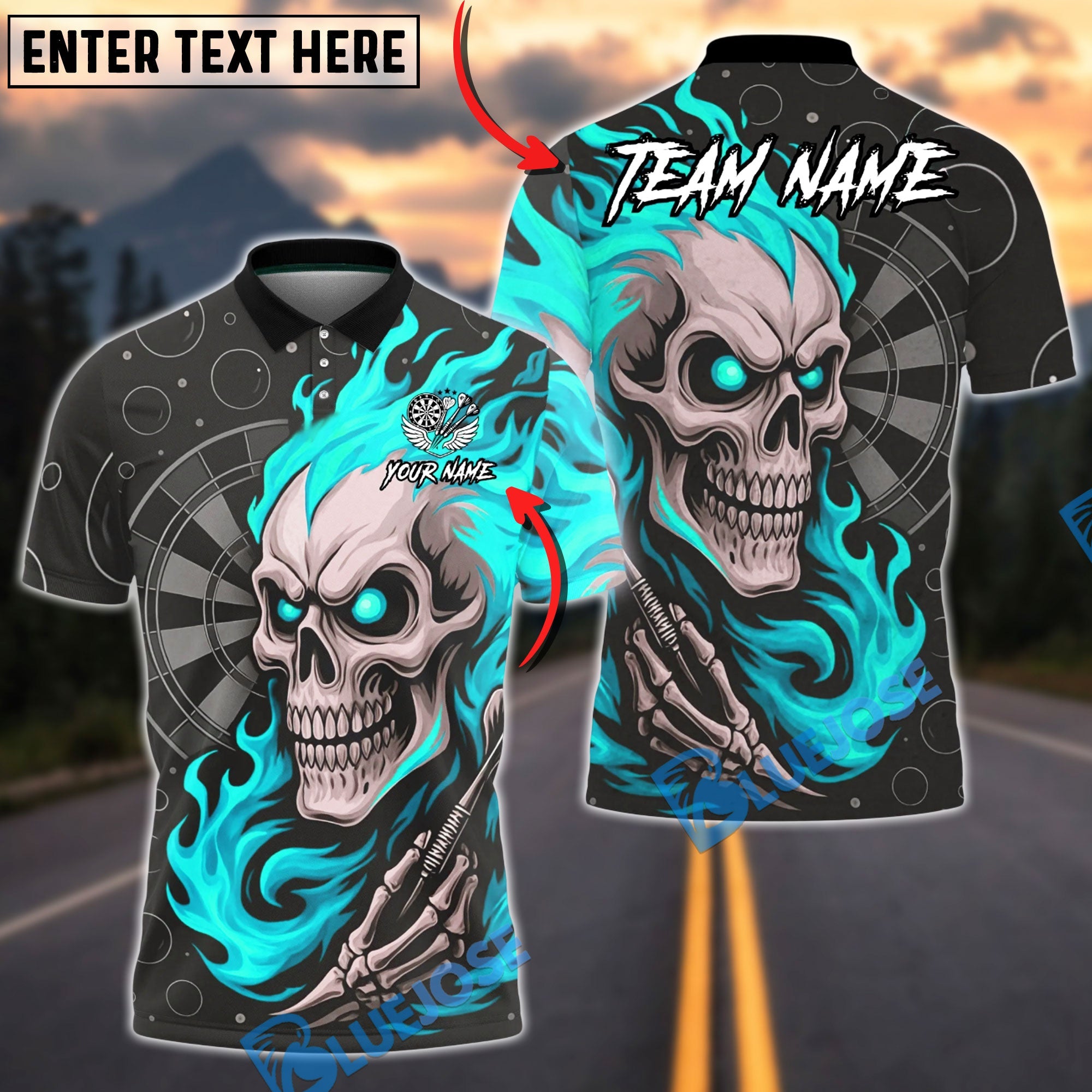 BlueJose Darts Flame Skull Art Multicolor Options Personalized Name Shirt (4 Colors)