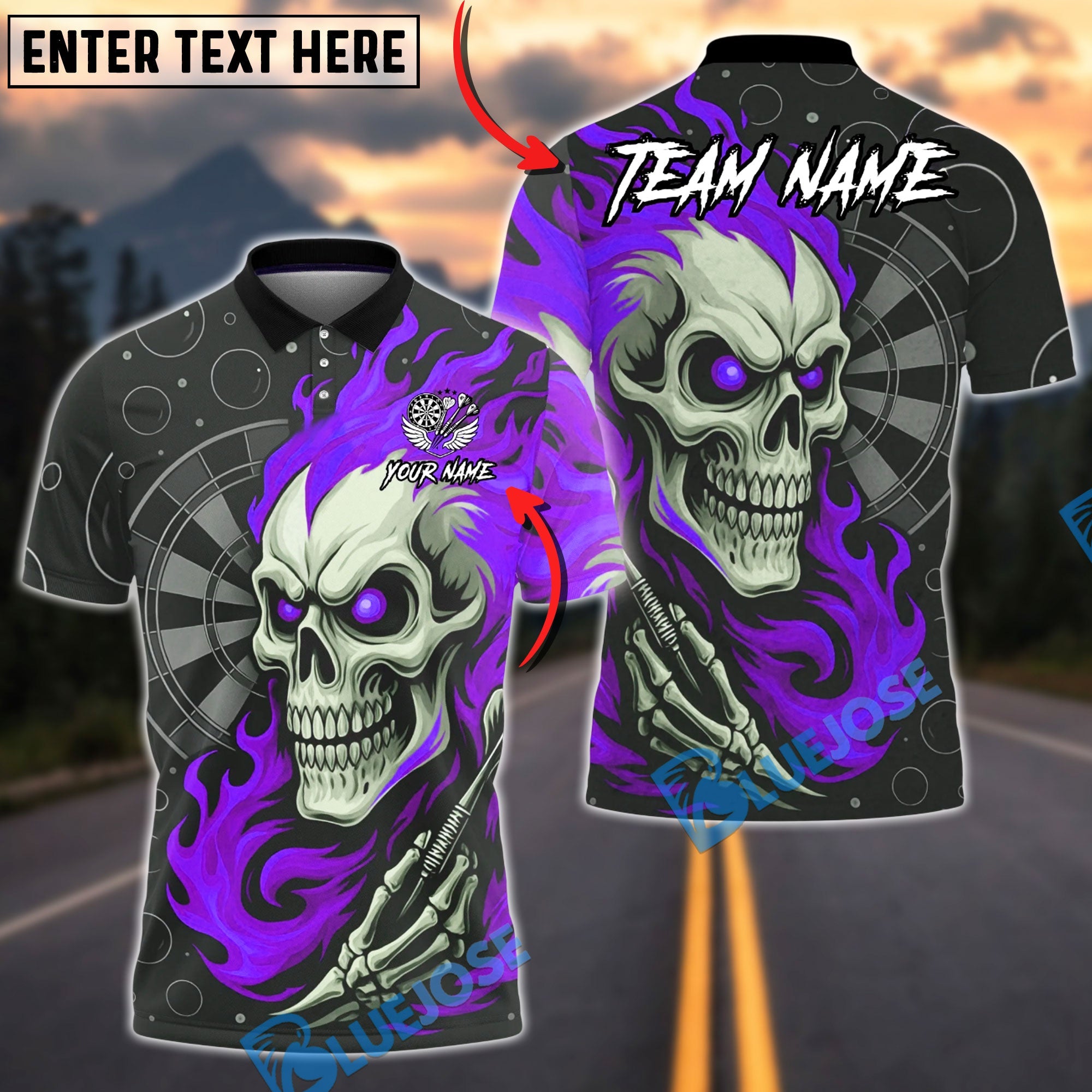 BlueJose Darts Flame Skull Art Multicolor Options Personalized Name Shirt (4 Colors)
