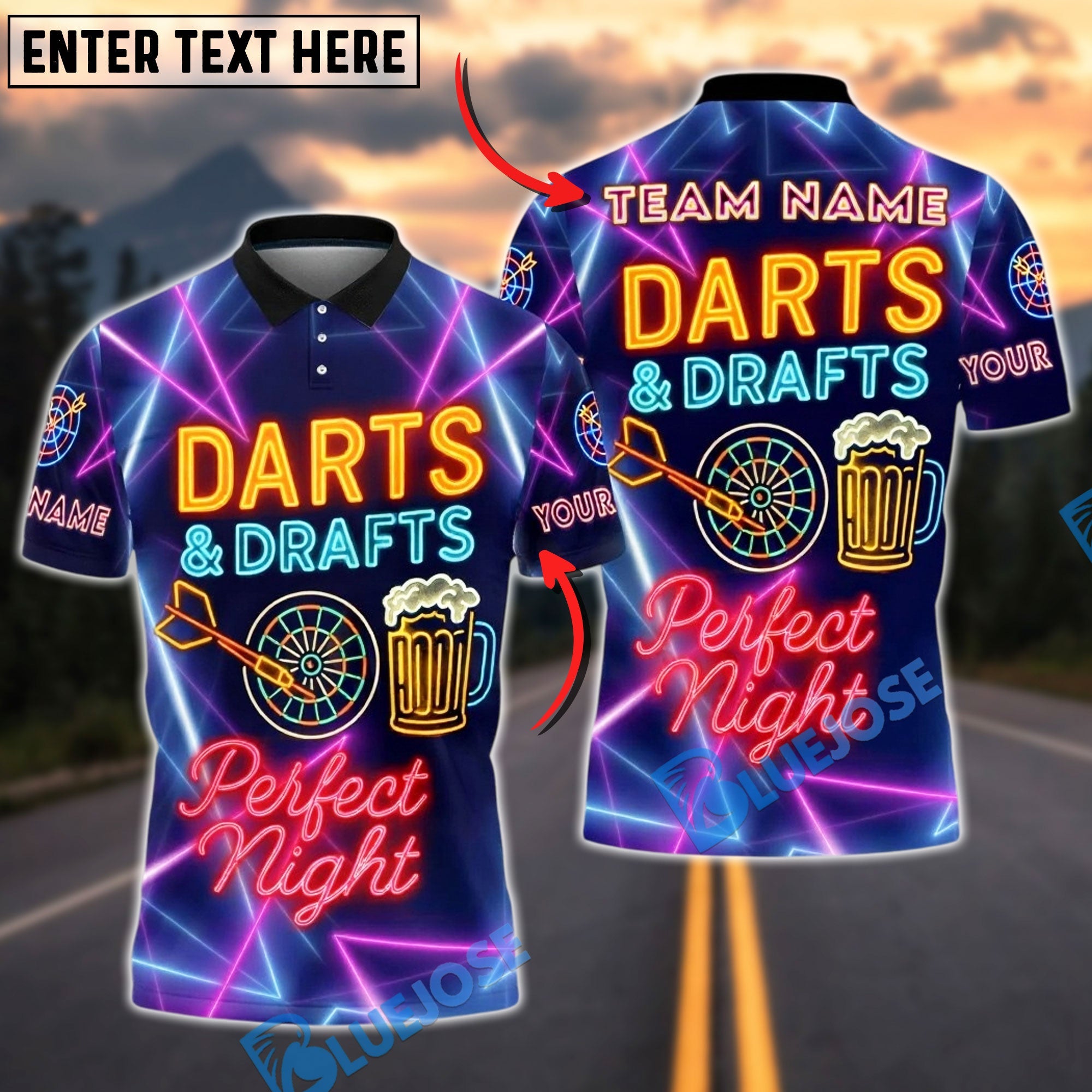 BlueJose Darts Neon Darts & Drafts ‚Äì Perfect Night Personalized Name Shirt
