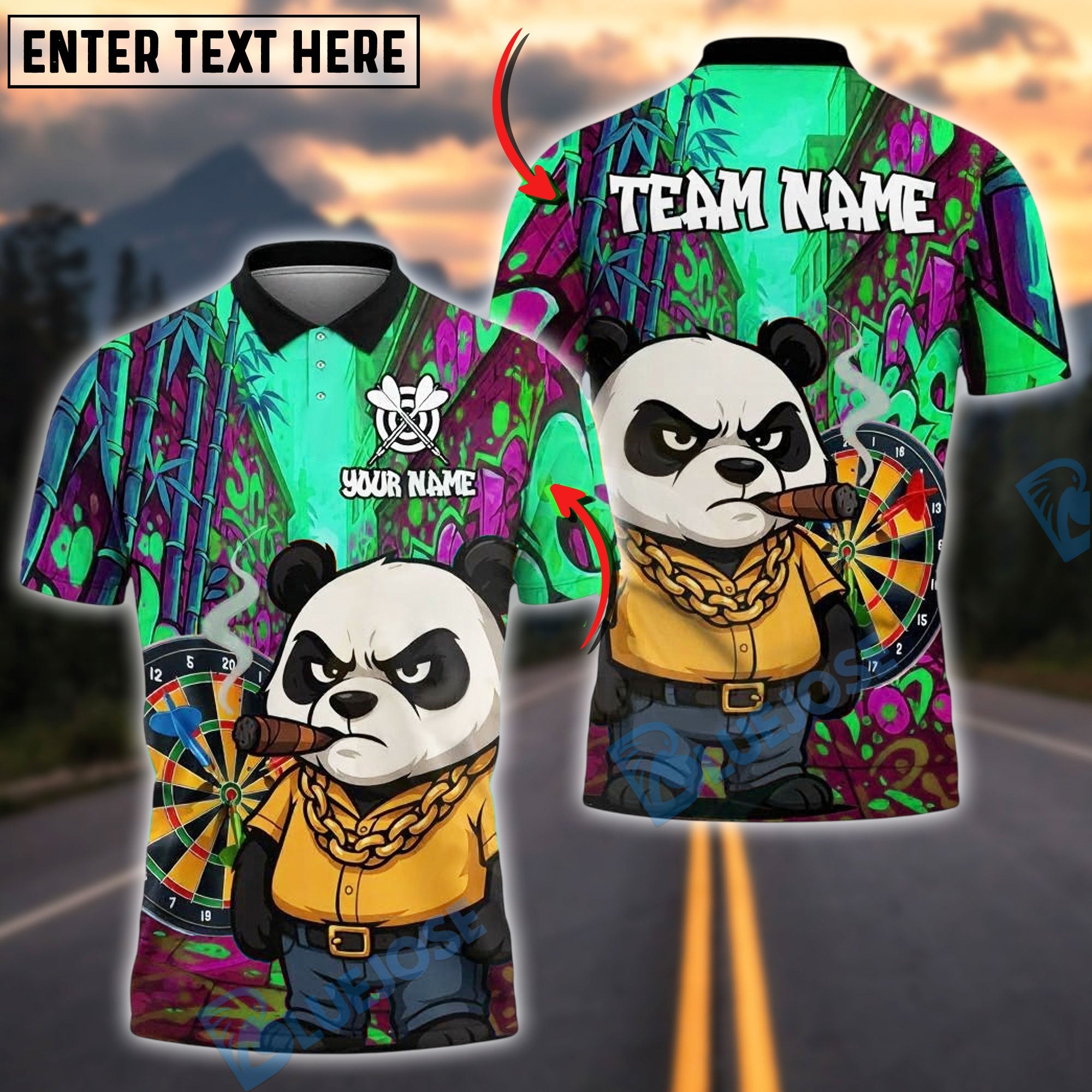 BlueJose Darts Fear The Panda Graffiti Style Personalized Name, Team Name Unisex Shirt (4 Colors)