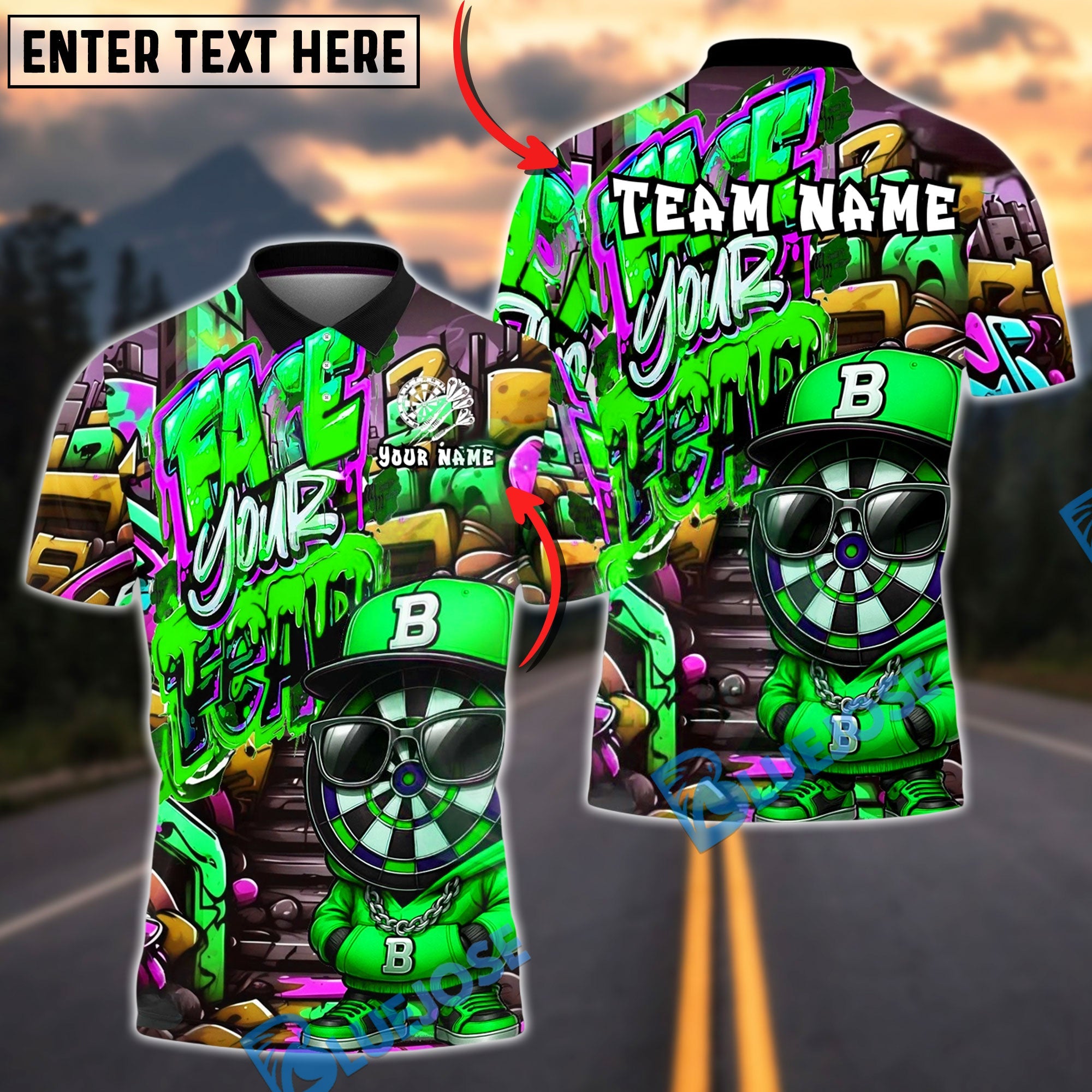 BlueJose Darts Dartboard Graffiti Street Art Character Face Your Fear Multicolor Options Personalized Name Shirt (4 Colors)