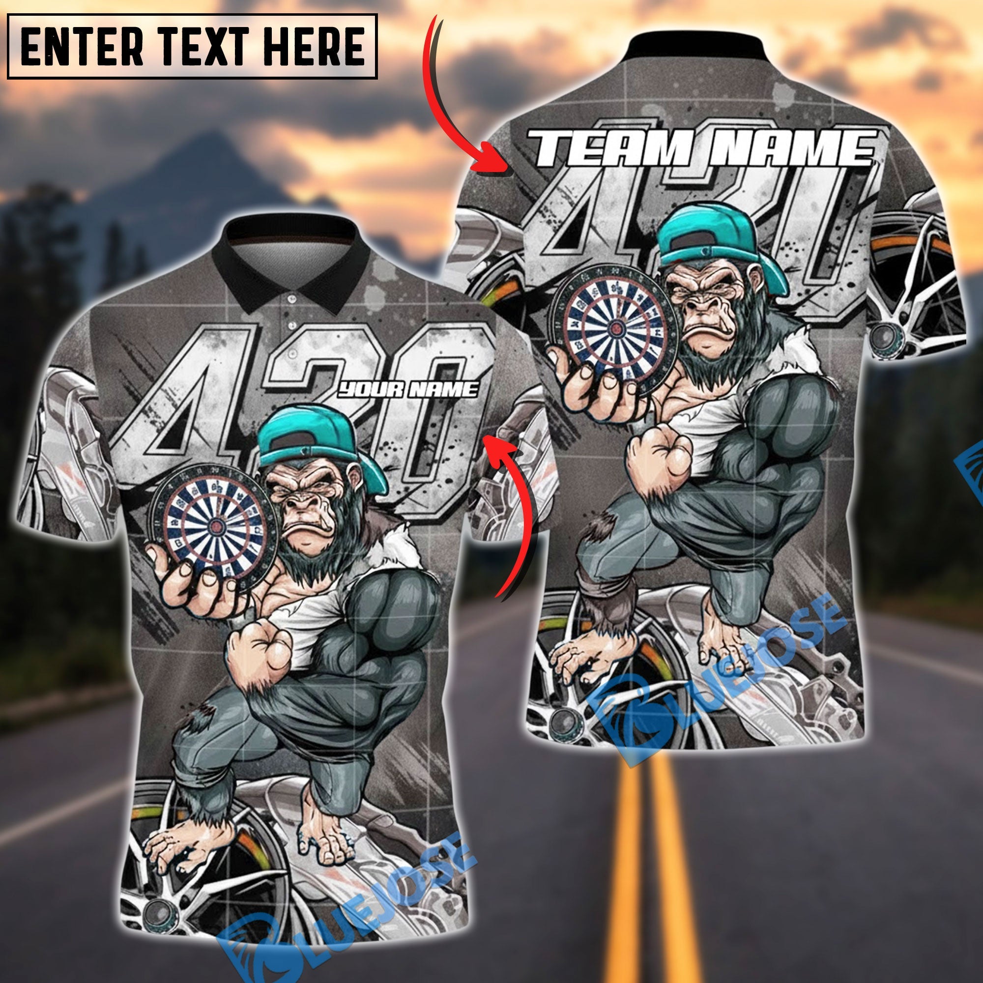 BlueJose Darts Gorilla 420 Dartboard Urban Steel Multicolor Options Personalized Name Shirt (4 Colors)