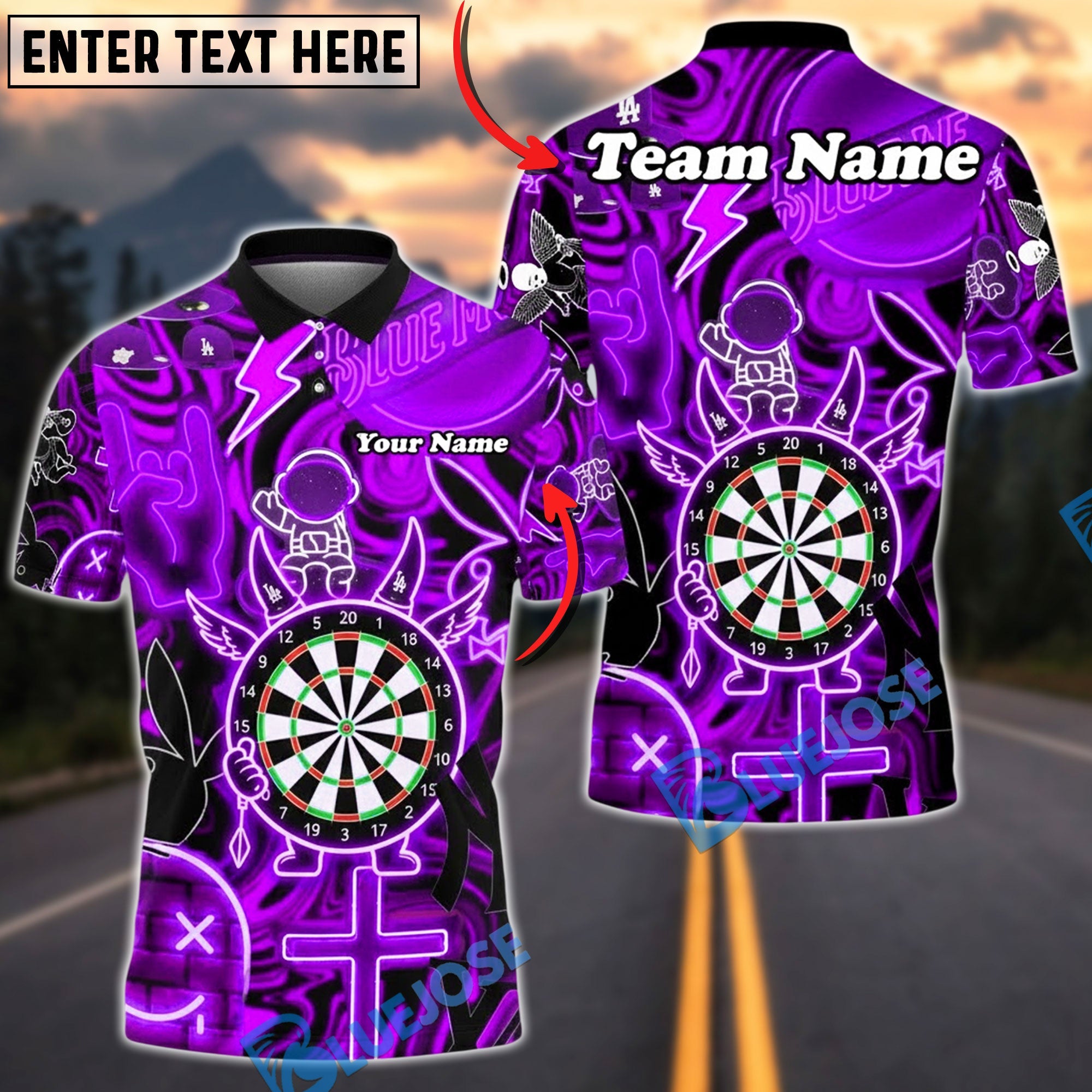 BlueJose Darts Neon Dartboard Electric Astronaut Glow Multicolor Options Personalized Name Shirt (4 Colors)