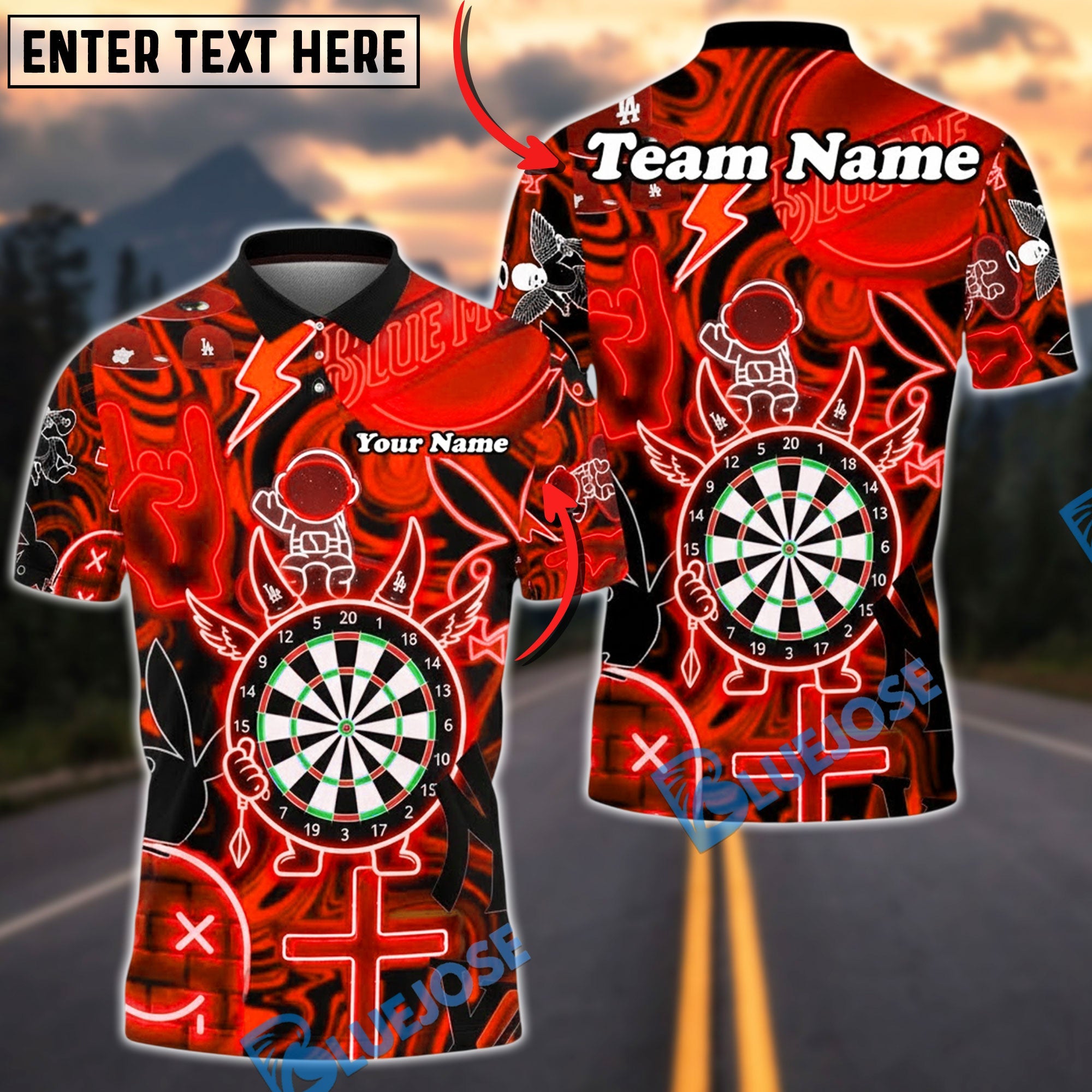 BlueJose Darts Neon Dartboard Electric Astronaut Glow Multicolor Options Personalized Name Shirt (4 Colors)