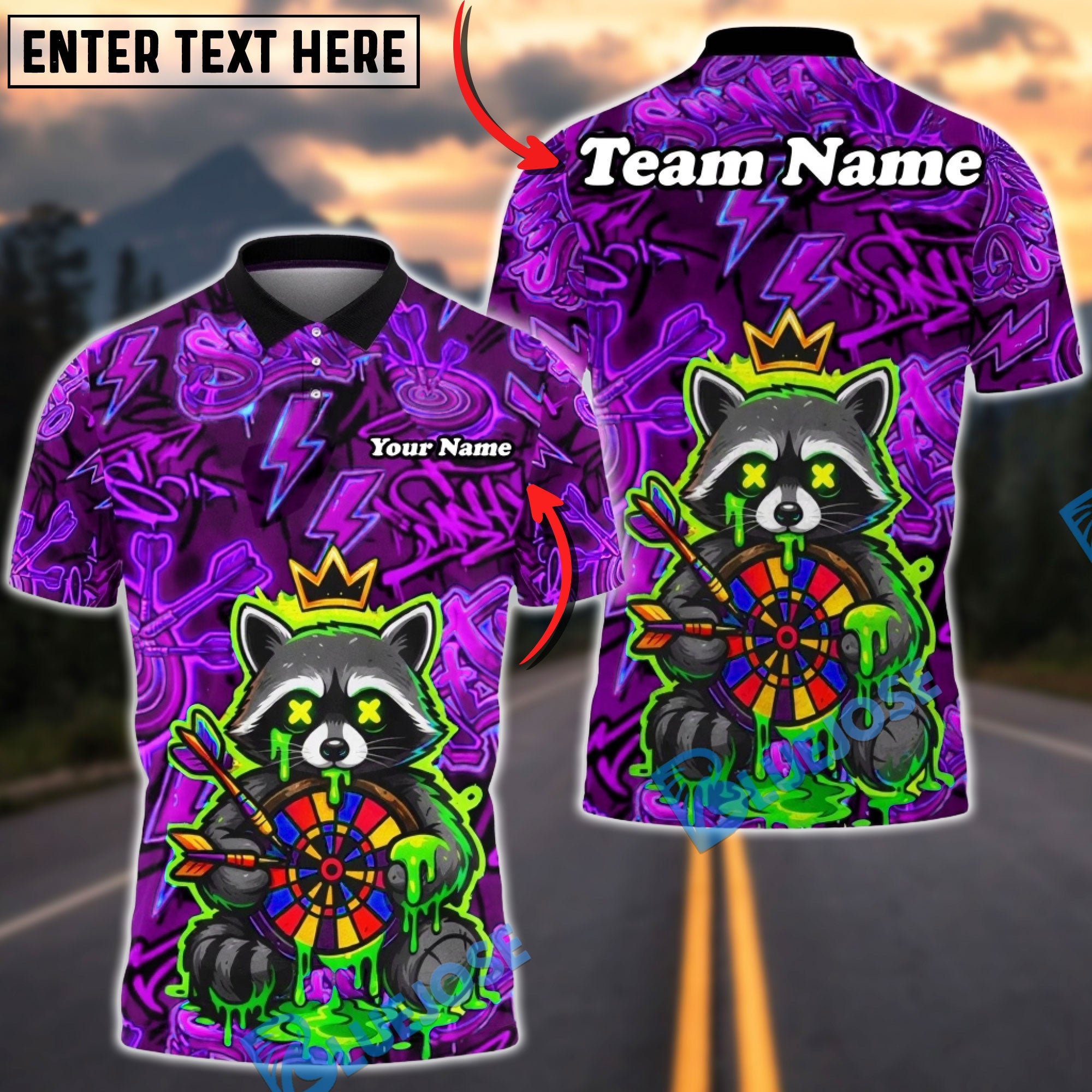 BlueJose Darts Raccoon Neon Graffiti Dartboard Multicolor Options Personalized Name Shirt (4 Colors)