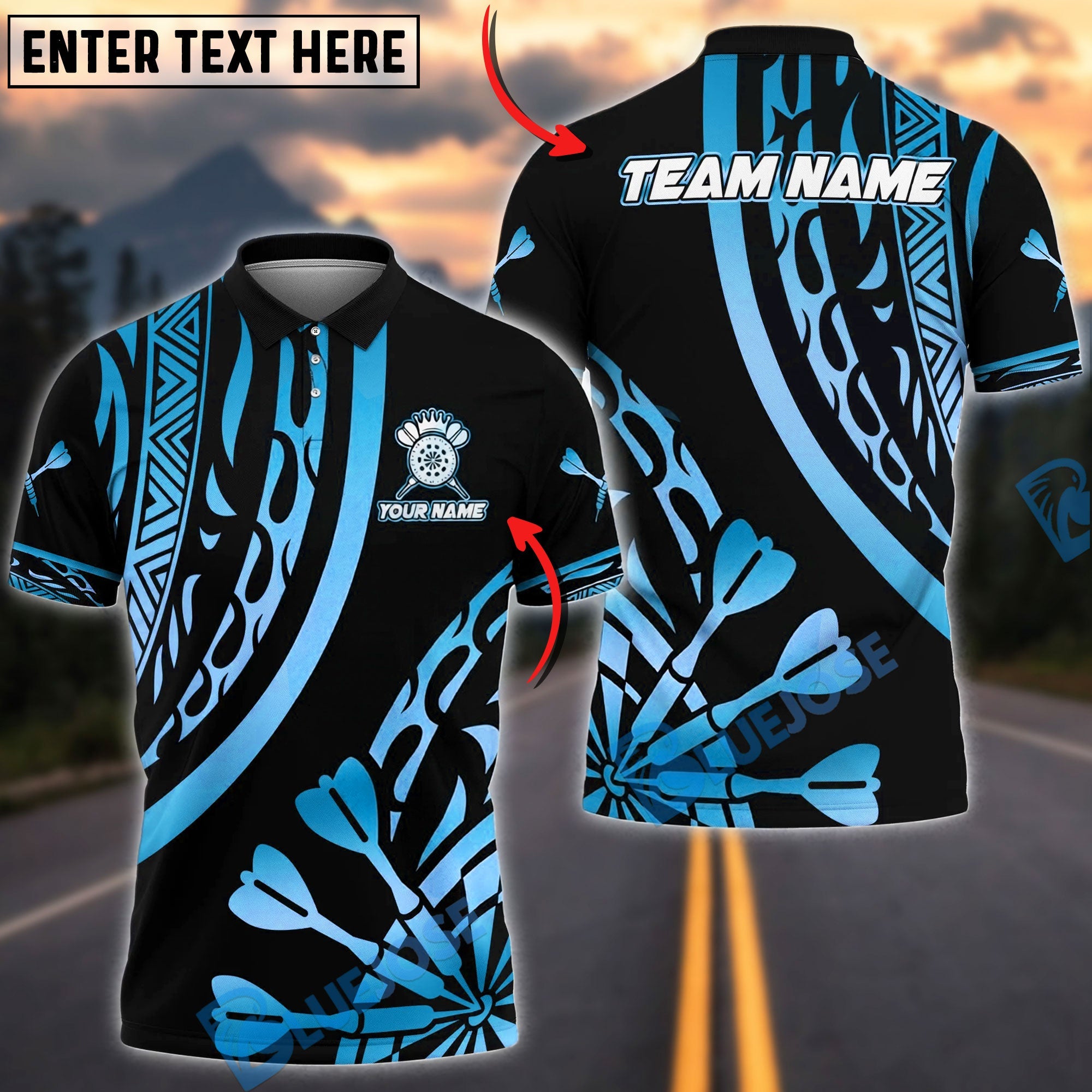 BlueJose Darts Elite Tribal Personalized Name, Team Name Unisex Shirt (6 Colors)