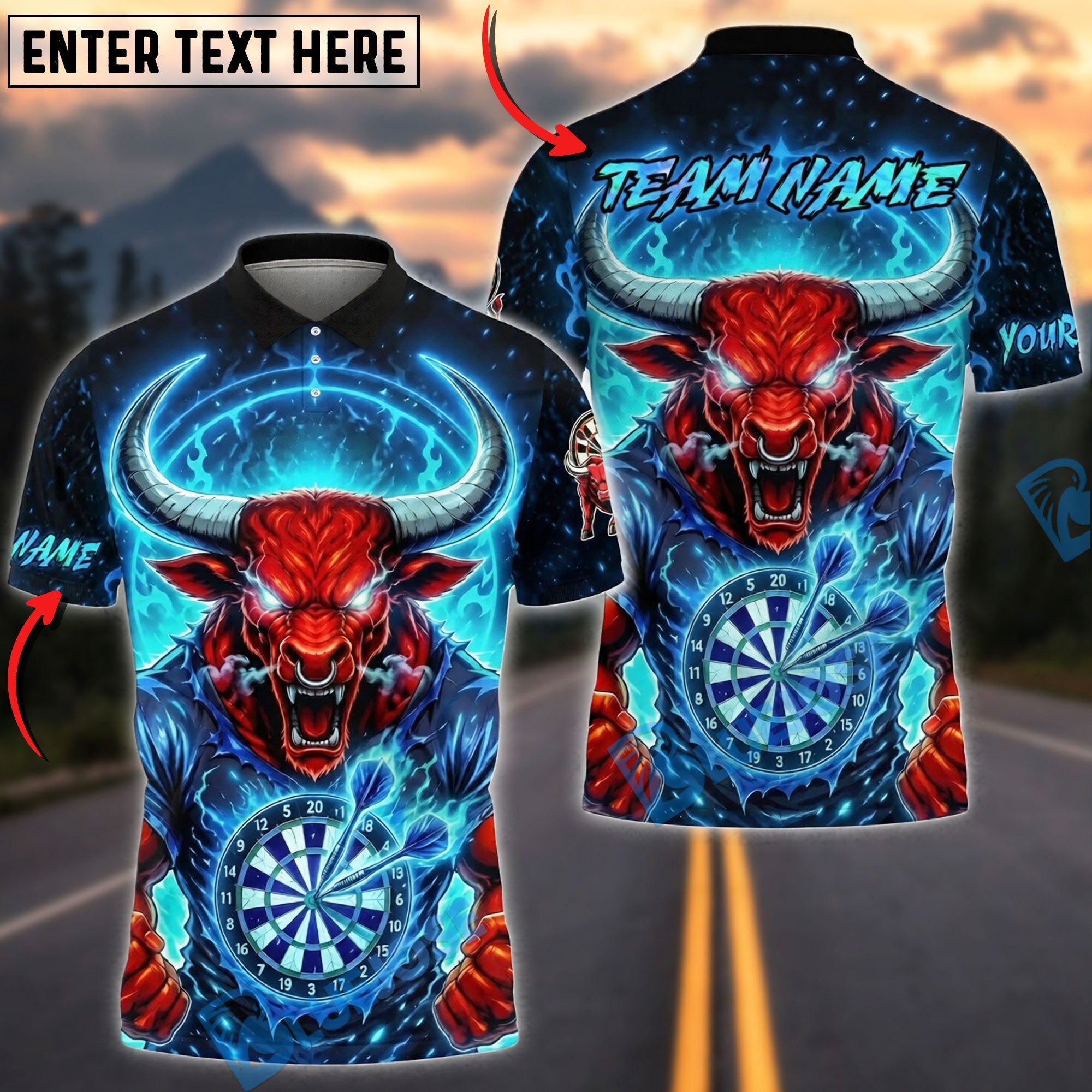 BlueJose Darts Red Bull Demon Personalized Name, Team Name Unisex Shirt (4 Colors)