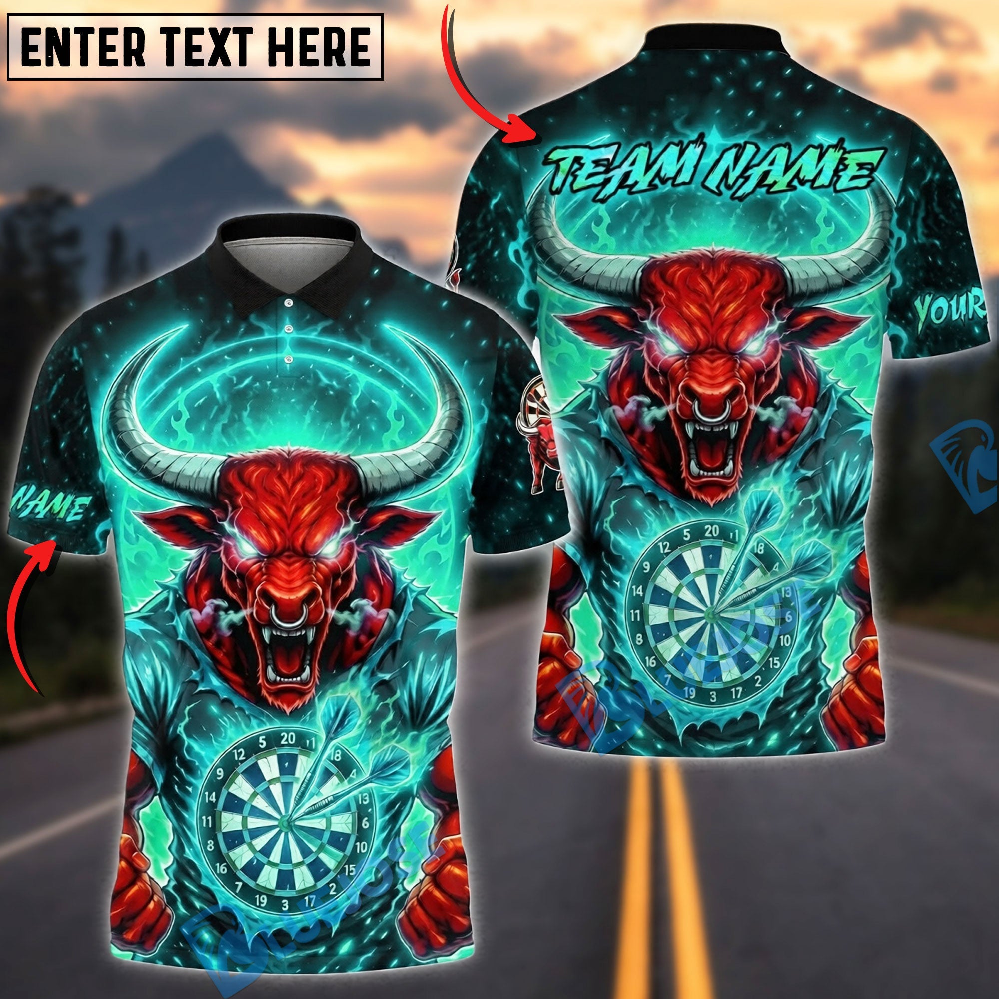 BlueJose Darts Red Bull Demon Personalized Name, Team Name Unisex Shirt (4 Colors)