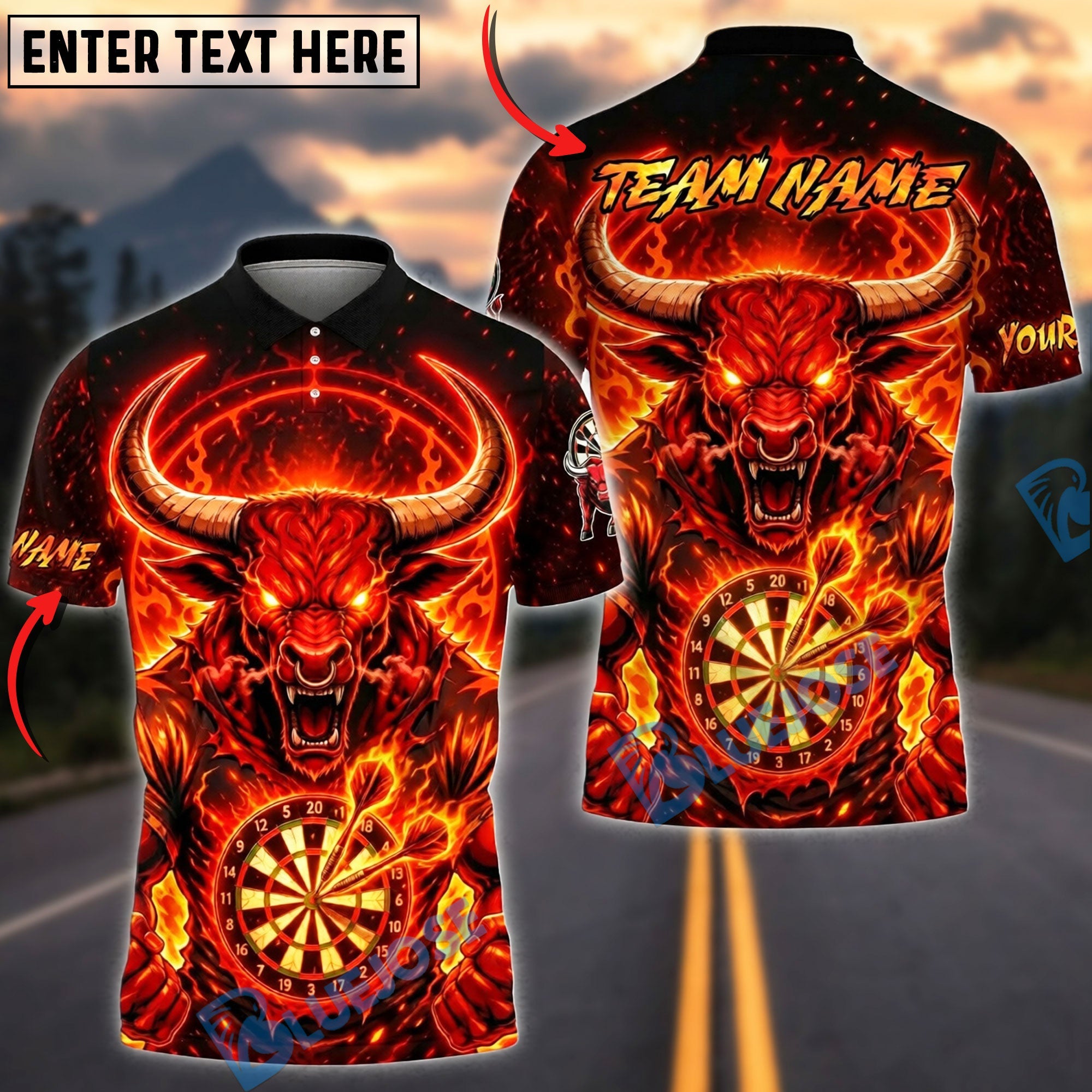 BlueJose Darts Red Bull Demon Personalized Name, Team Name Unisex Shirt (4 Colors)