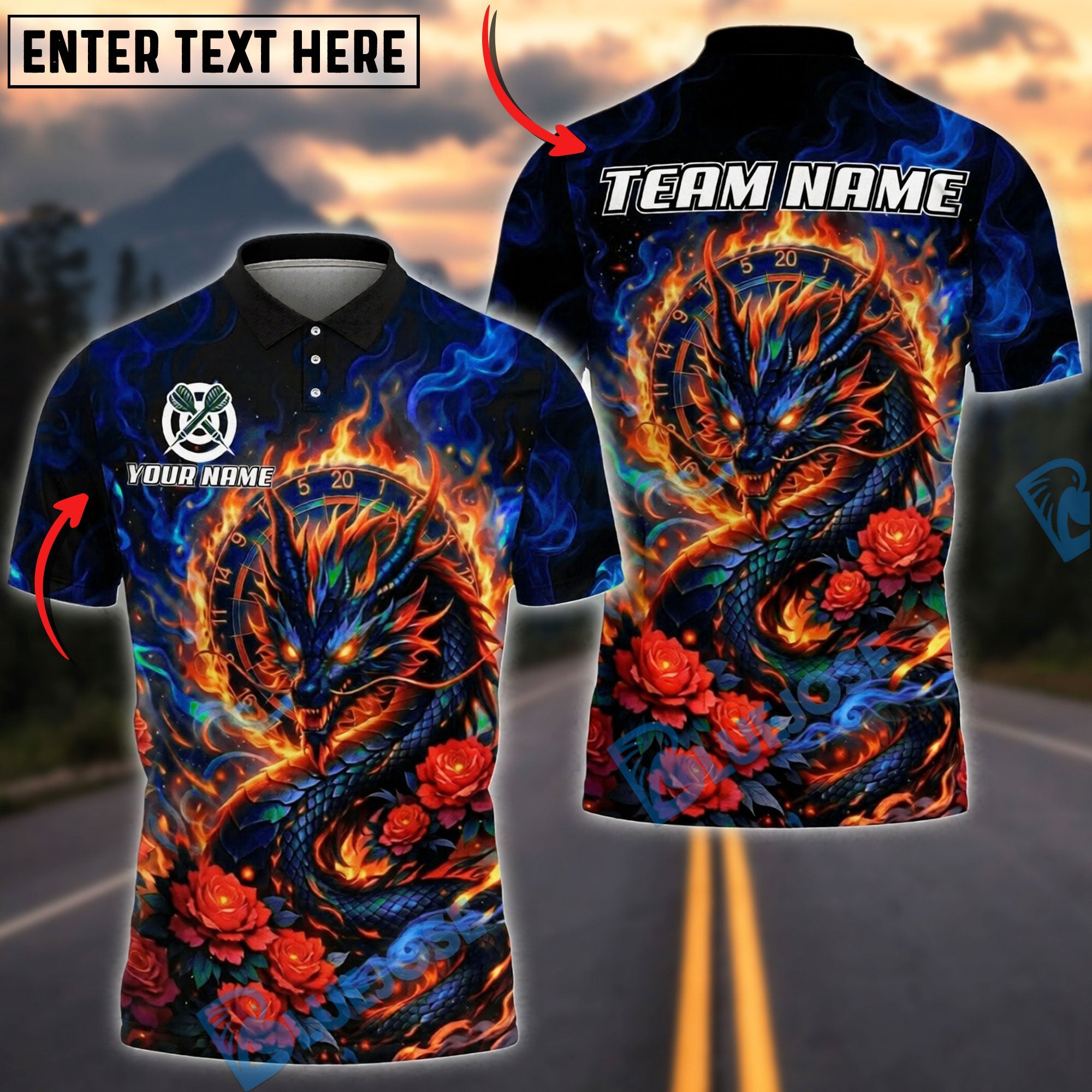 BlueJose Darts Dragon Rose Flame Personalized Name, Team Name Unisex Shirt (4 Colors)