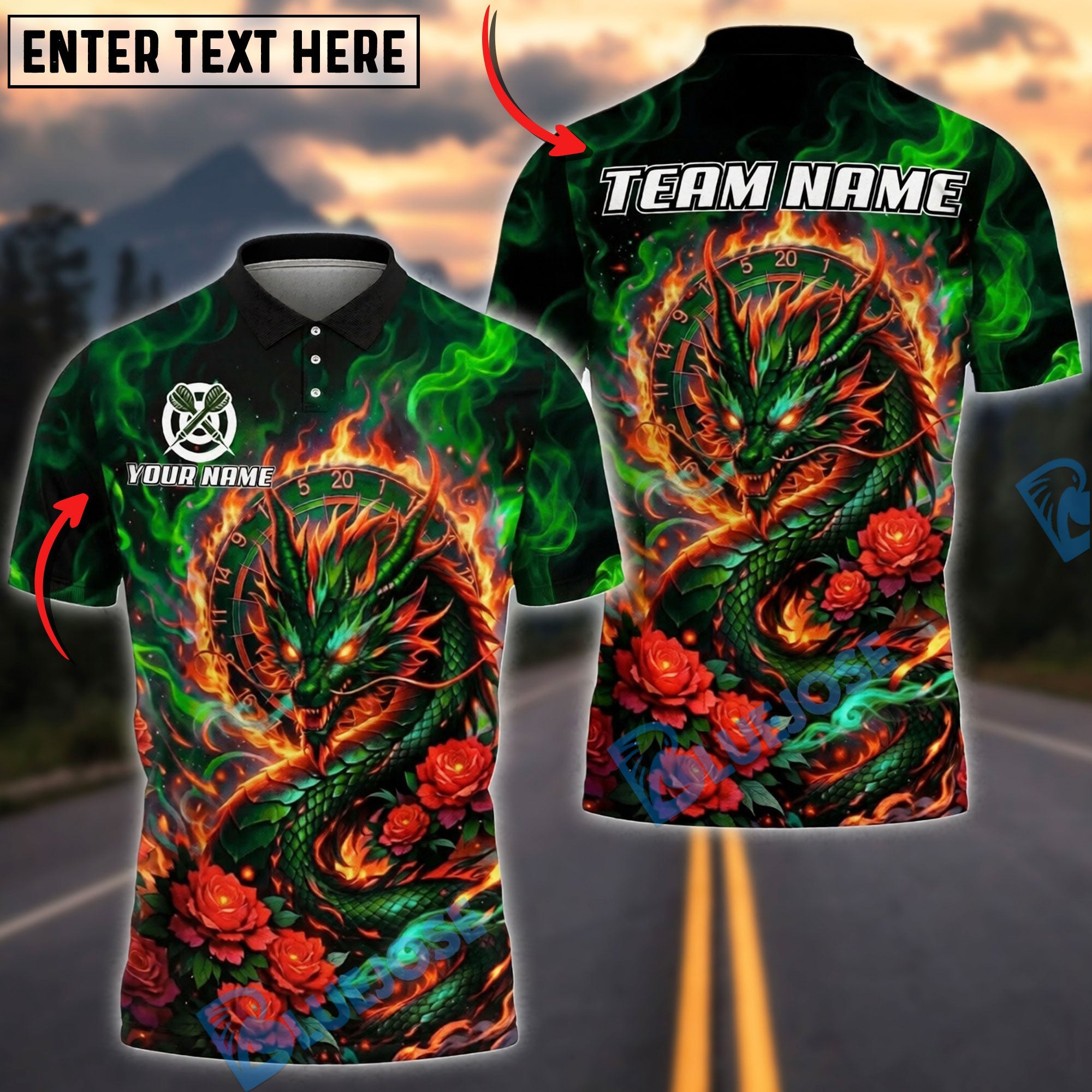 BlueJose Darts Dragon Rose Flame Personalized Name, Team Name Unisex Shirt (4 Colors)