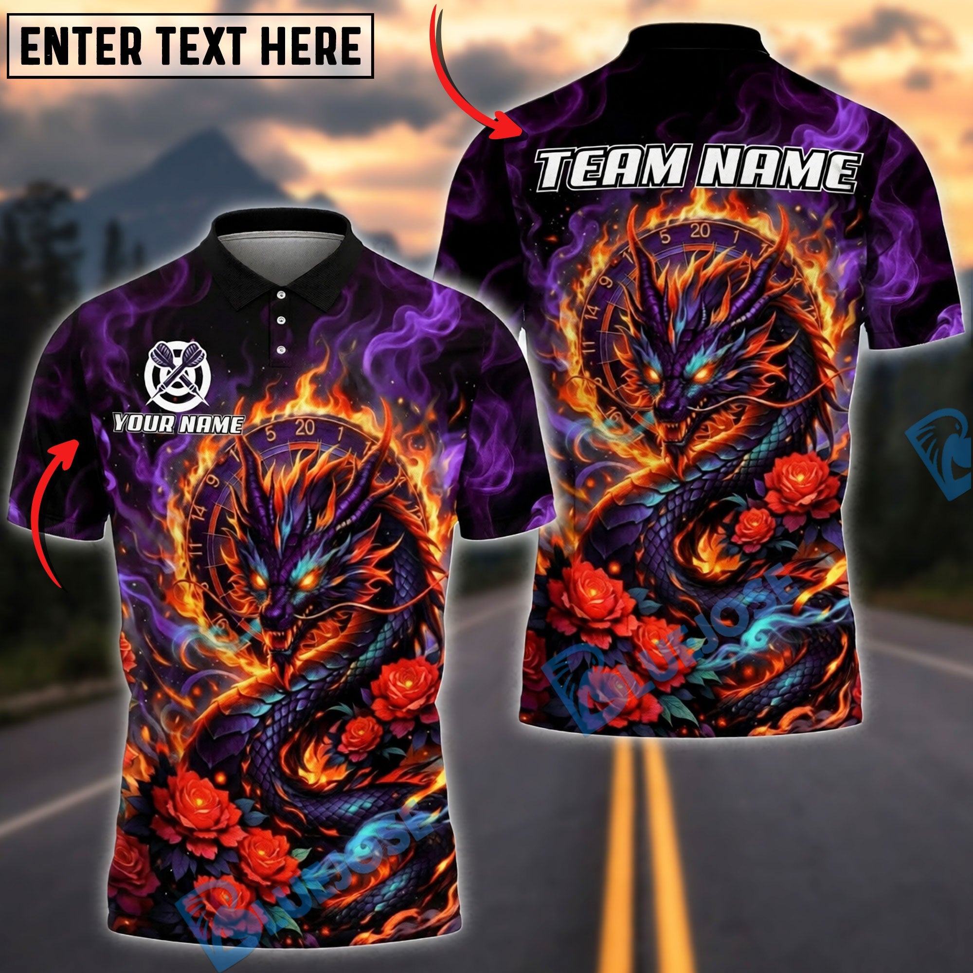 BlueJose Darts Dragon Rose Flame Personalized Name, Team Name Unisex Shirt (4 Colors)