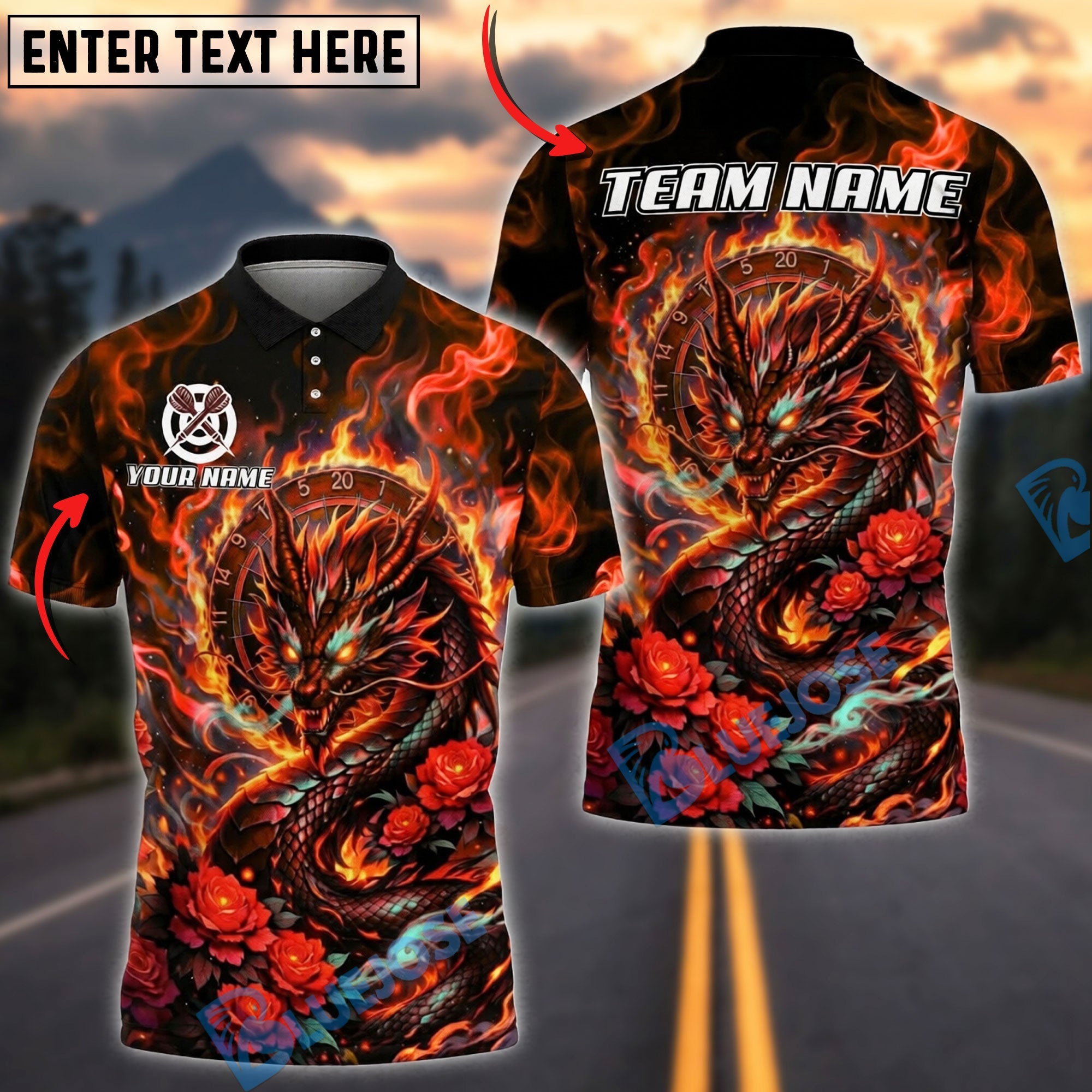 BlueJose Darts Dragon Rose Flame Personalized Name, Team Name Unisex Shirt (4 Colors)