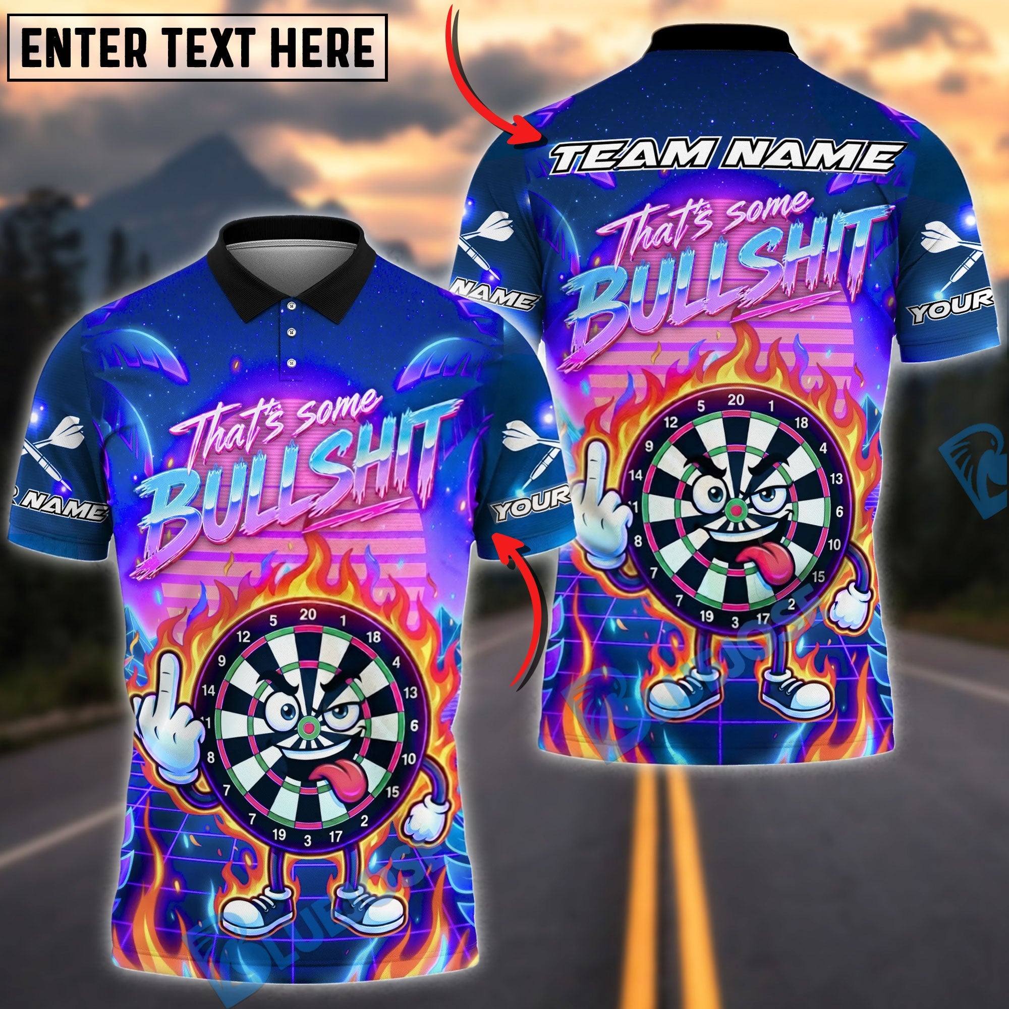 BlueJose Darts Funny Neon Sunset Graffiti Personalized Name, Team Name Unisex Shirt (4 Colors)