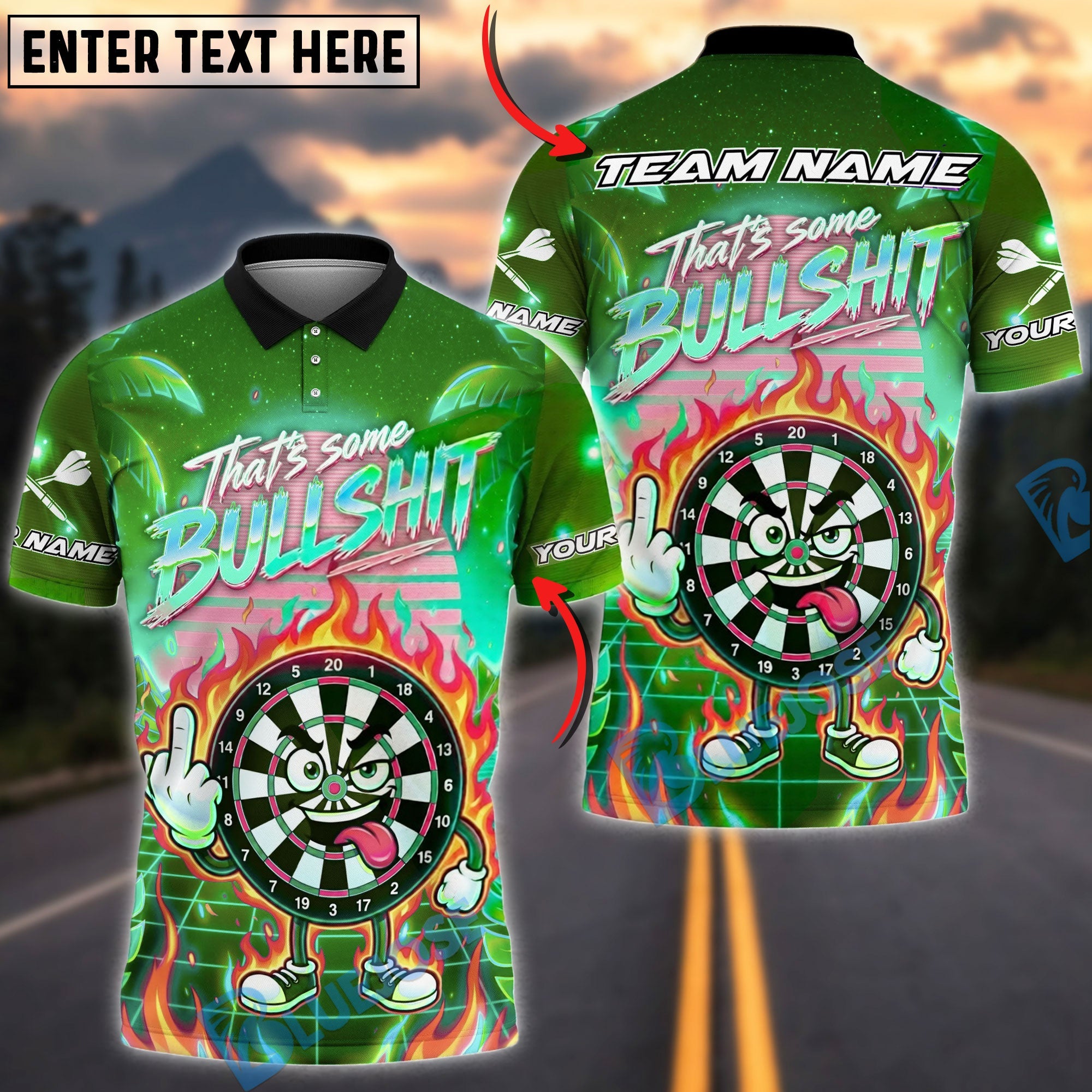 BlueJose Darts Funny Neon Sunset Graffiti Personalized Name, Team Name Unisex Shirt (4 Colors)