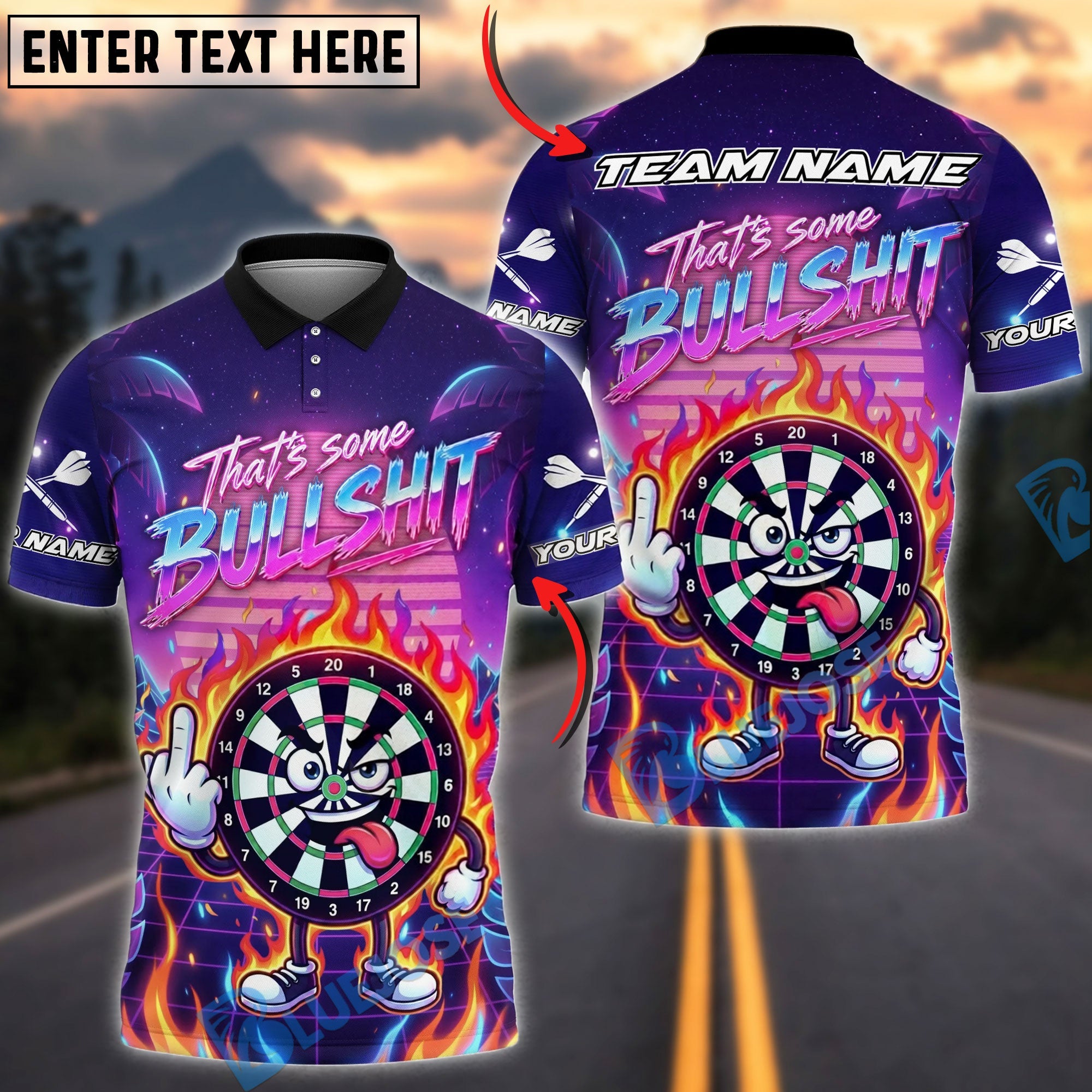 BlueJose Darts Funny Neon Sunset Graffiti Personalized Name, Team Name Unisex Shirt (4 Colors)