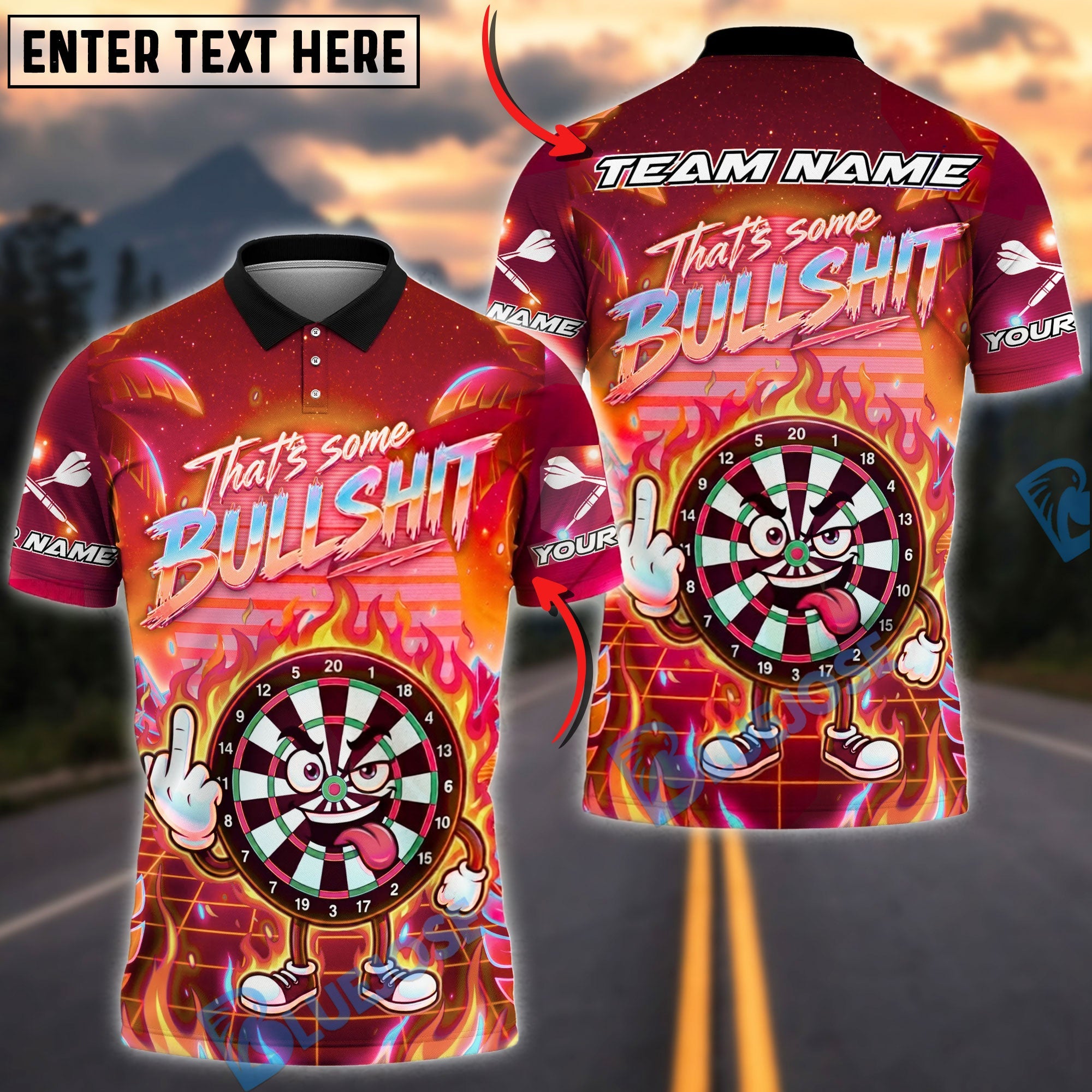 BlueJose Darts Funny Neon Sunset Graffiti Personalized Name, Team Name Unisex Shirt (4 Colors)