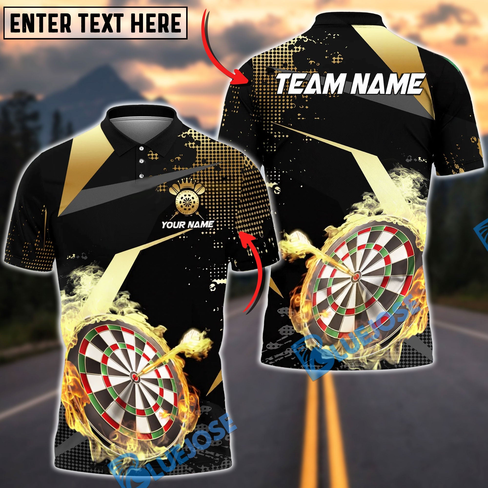 BlueJose Darts Luxury Flame Gold Personalized Name, Team Name Unisex Shirt (6 Colors)