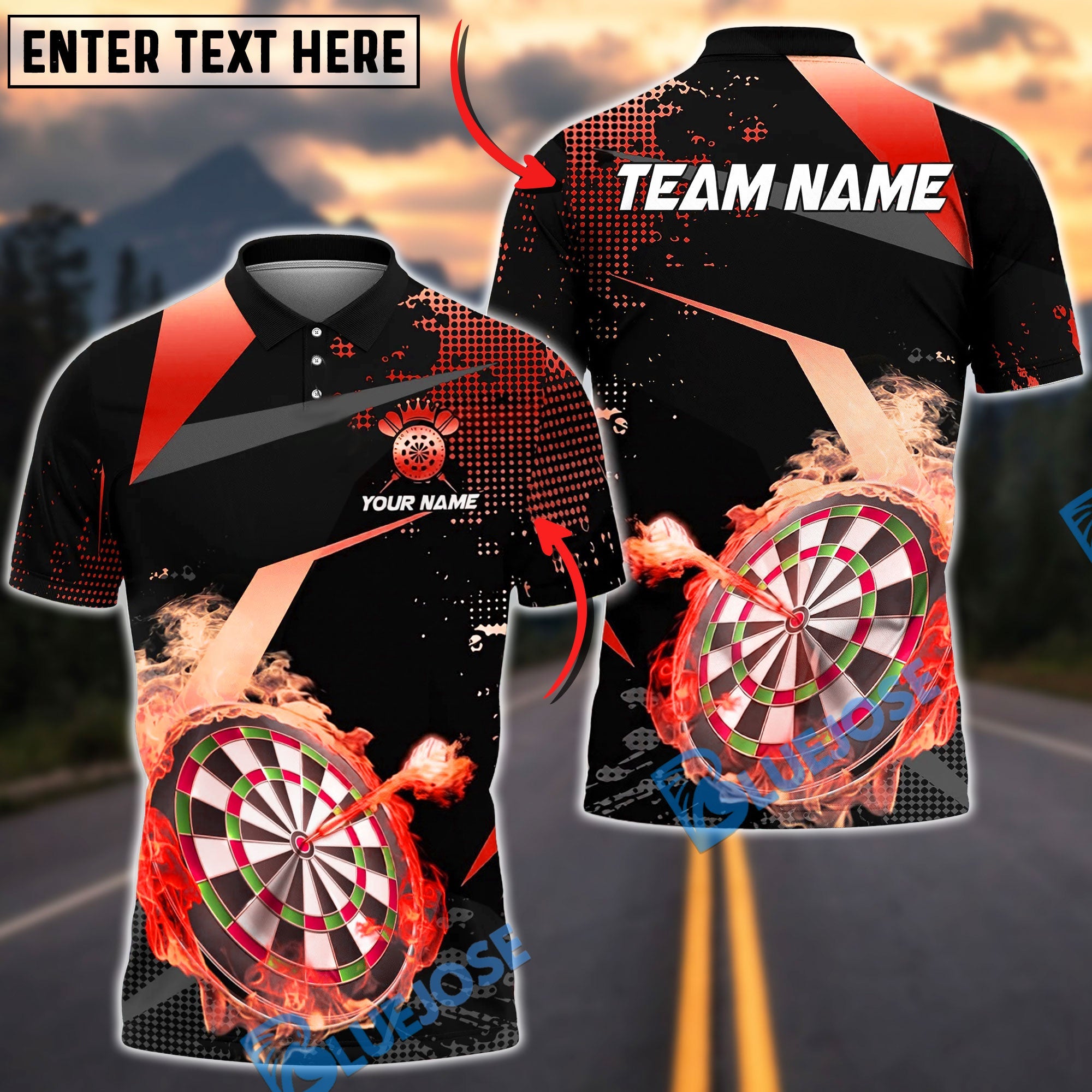 BlueJose Darts Luxury Flame Gold Personalized Name, Team Name Unisex Shirt (6 Colors)