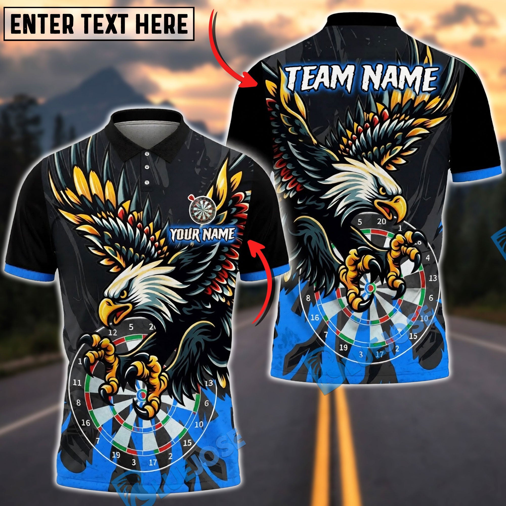 BlueJose Darts Eagle Attack Personalized Name, Team Name Unisex Shirt (6 Colors)