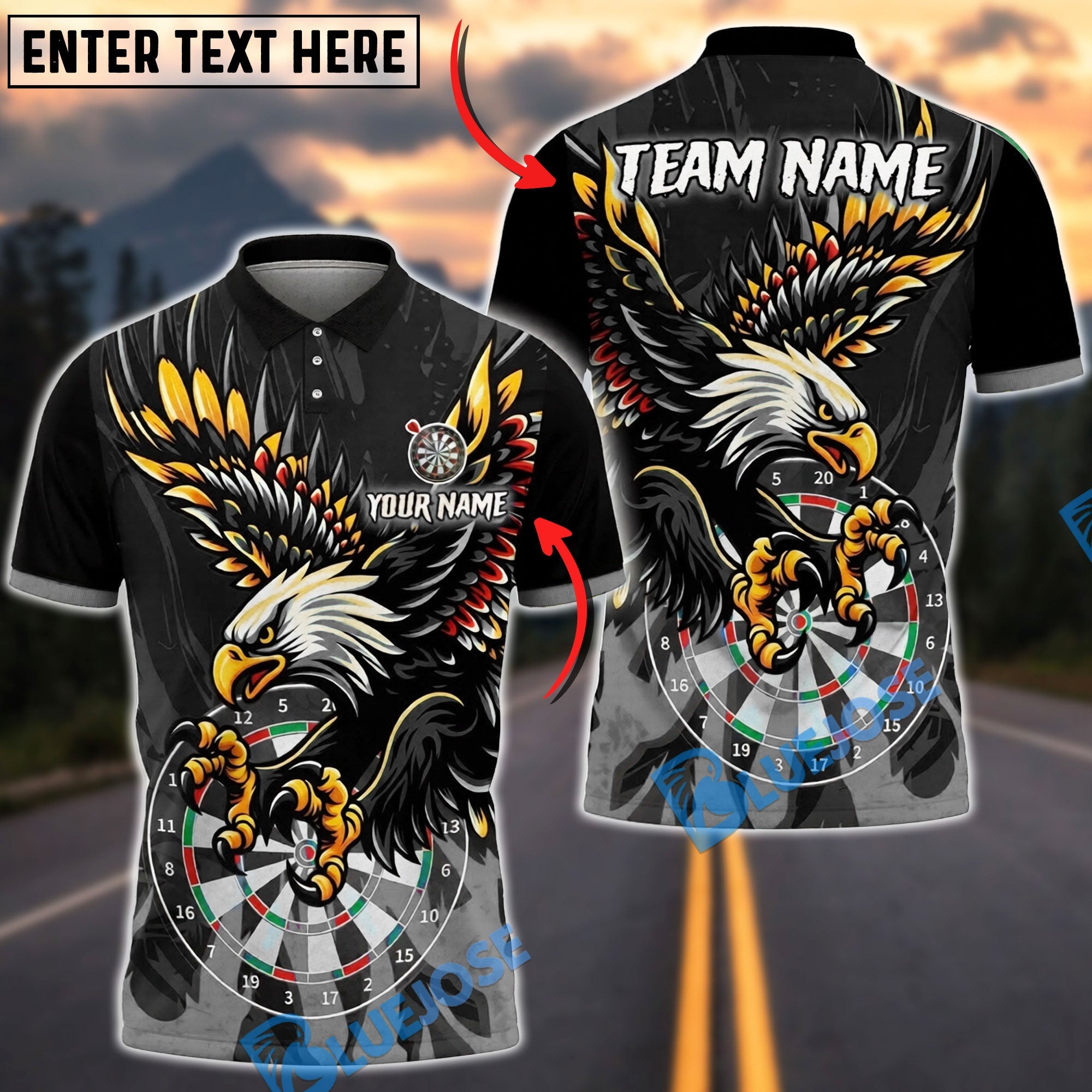 BlueJose Darts Eagle Attack Personalized Name, Team Name Unisex Shirt (6 Colors)