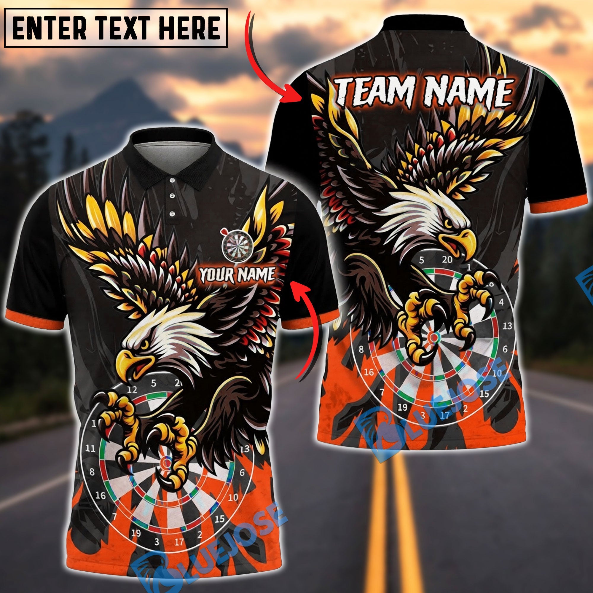 BlueJose Darts Eagle Attack Personalized Name, Team Name Unisex Shirt (6 Colors)