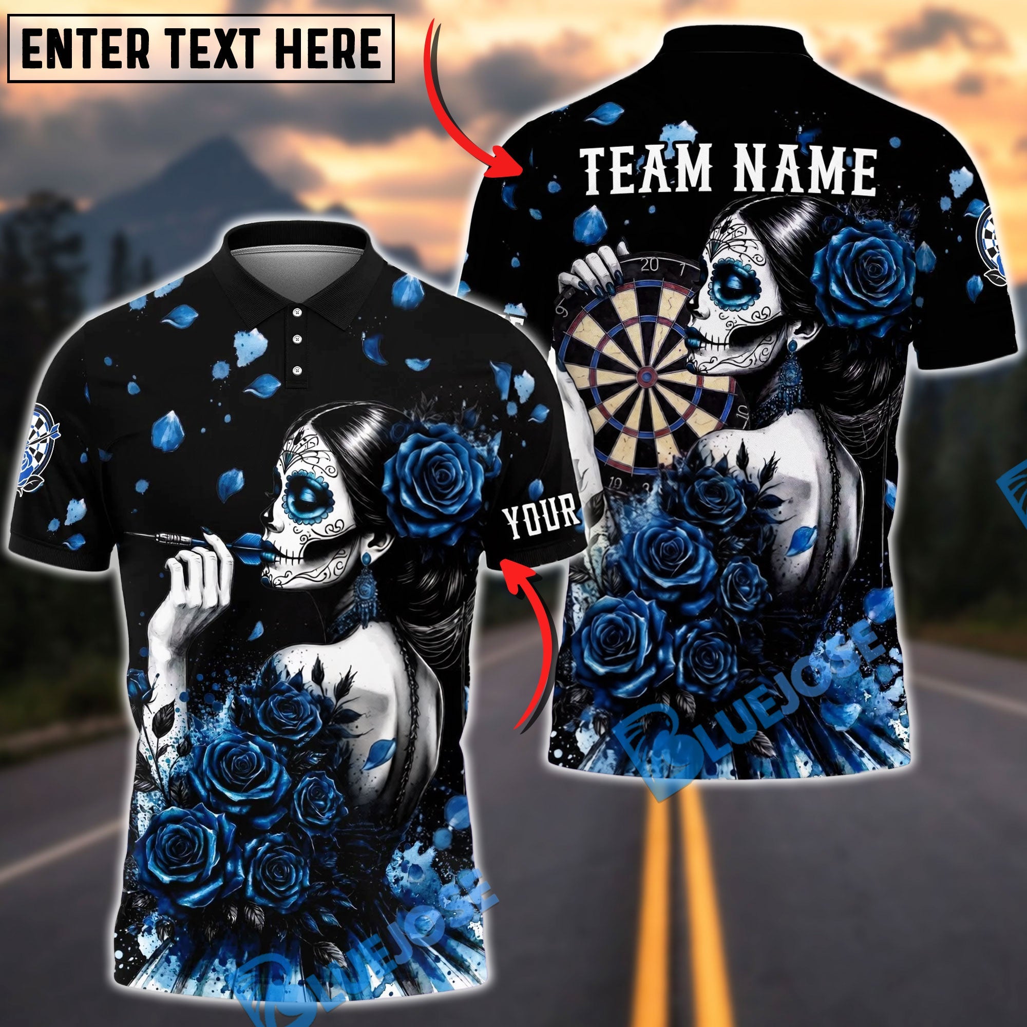 BlueJose Darts Sugar Skull Lady Rose Gothic Style Personalized Name, Team Name Unisex Shirt (6 Colors)