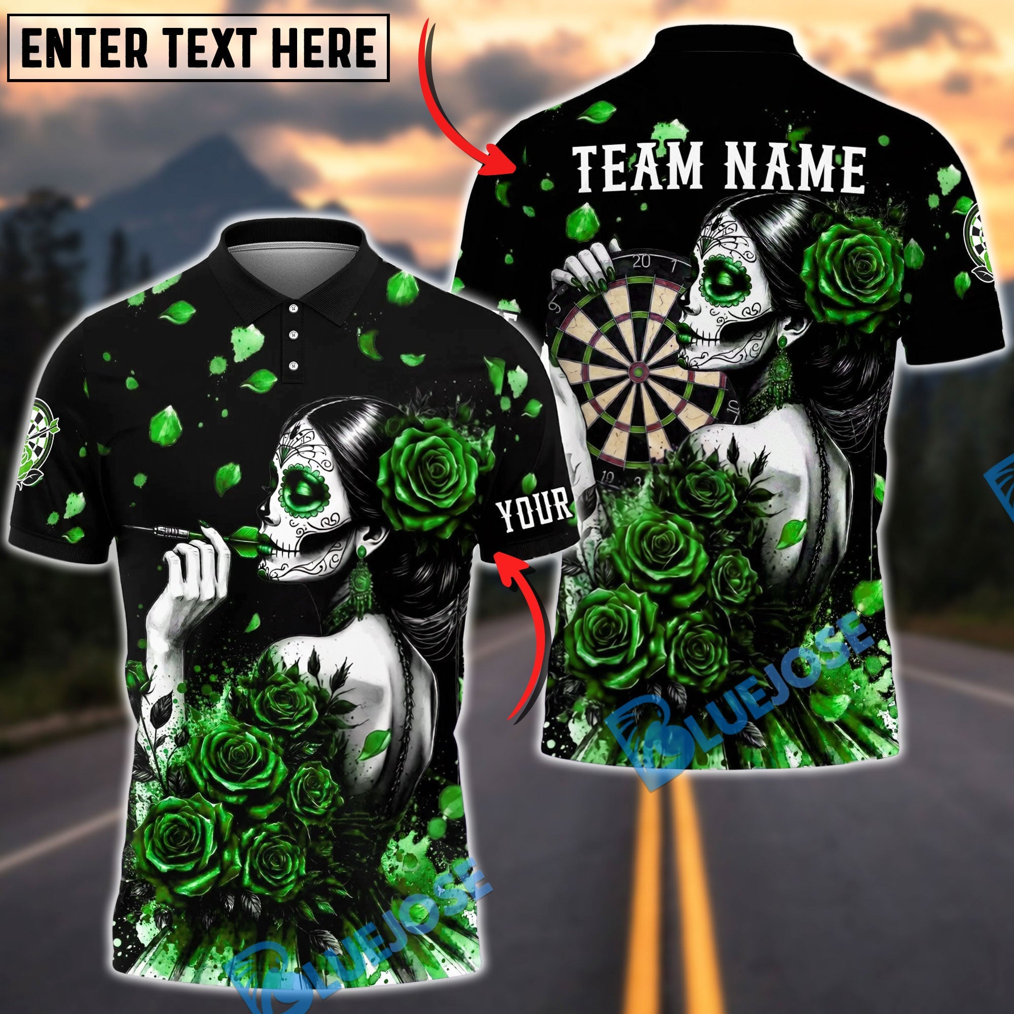 BlueJose Darts Sugar Skull Lady Rose Gothic Style Personalized Name, Team Name Unisex Shirt (6 Colors)