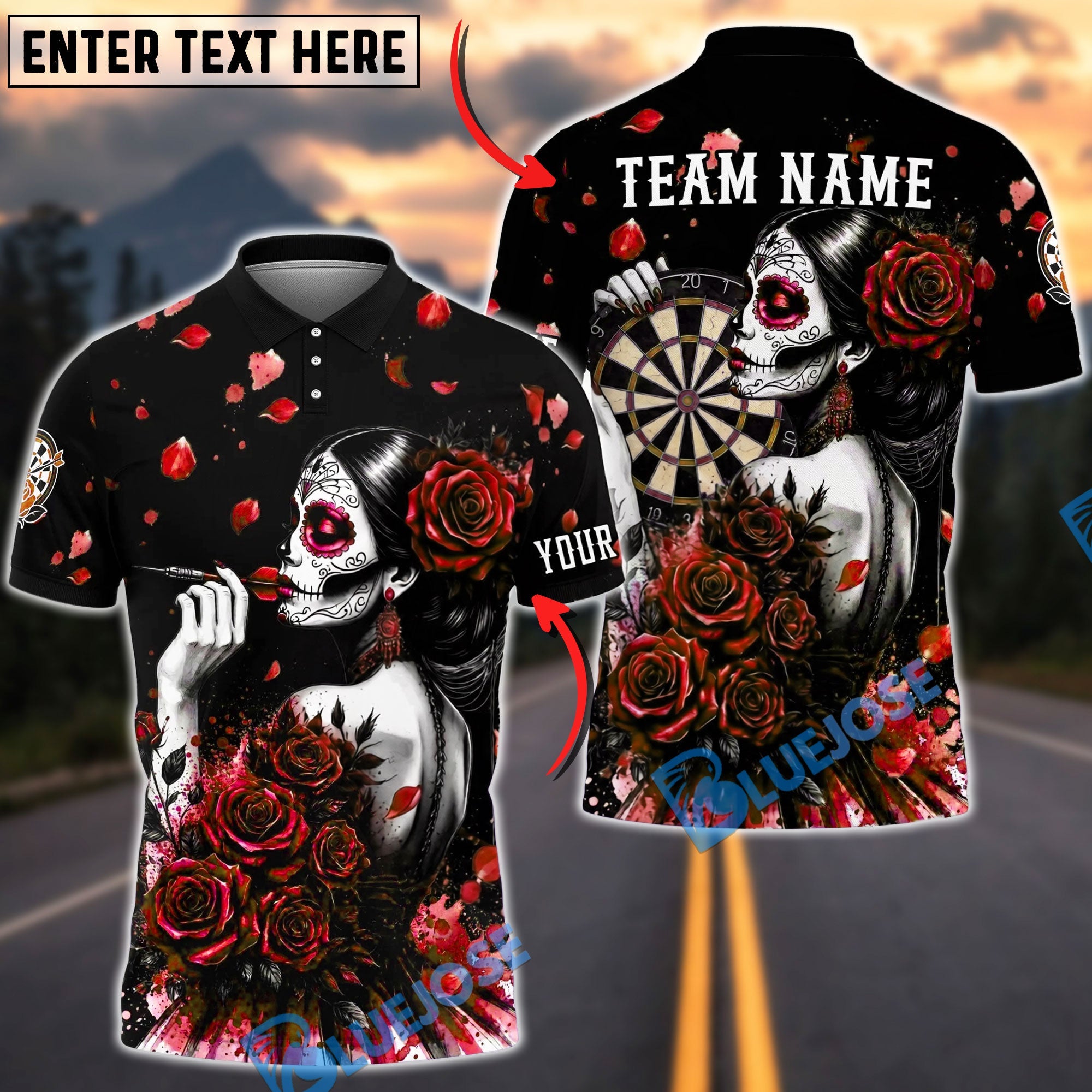 BlueJose Darts Sugar Skull Lady Rose Gothic Style Personalized Name, Team Name Unisex Shirt (6 Colors)