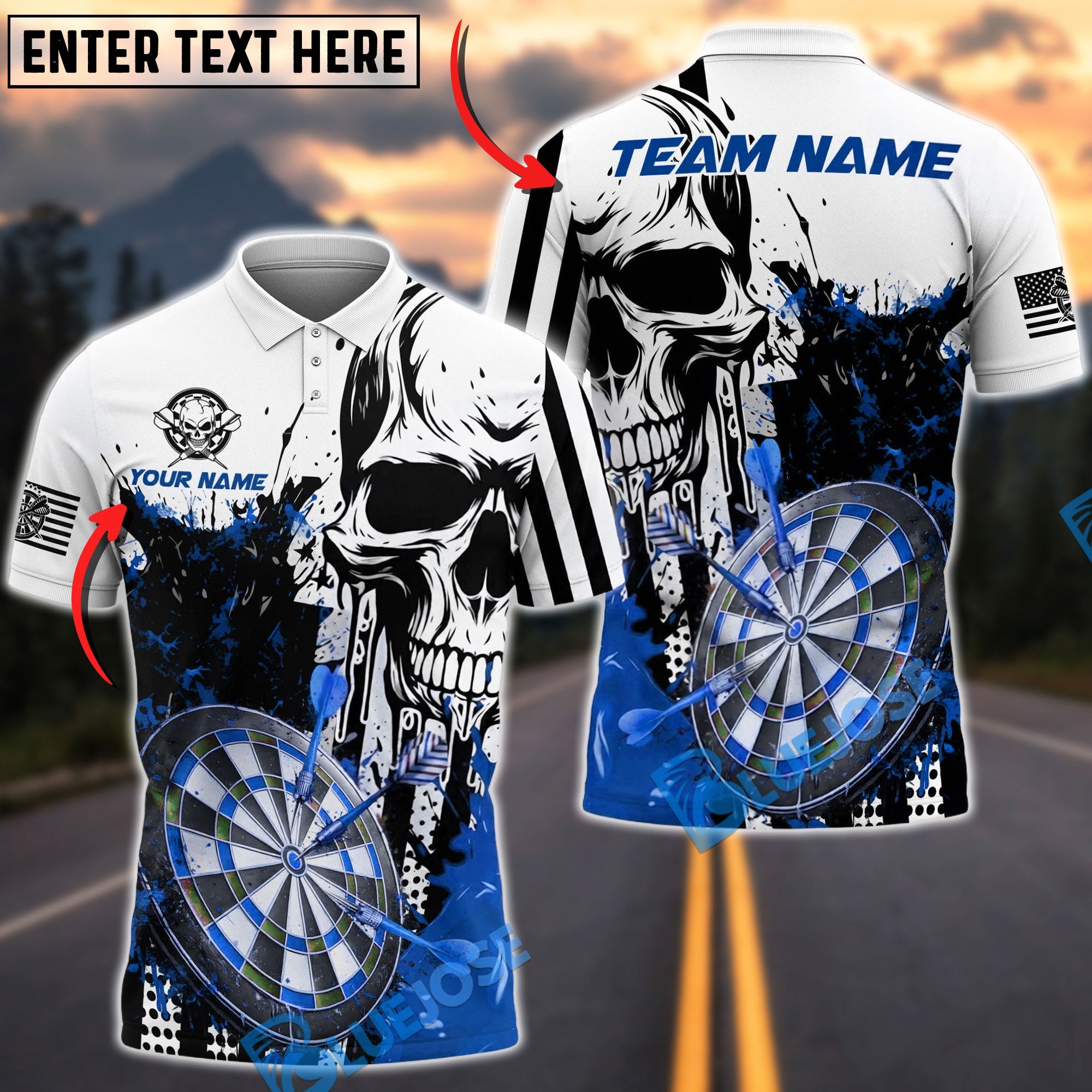 BlueJose Darts Skull Splash Personalized Name, Team Name Unisex Shirt (4 Colors)