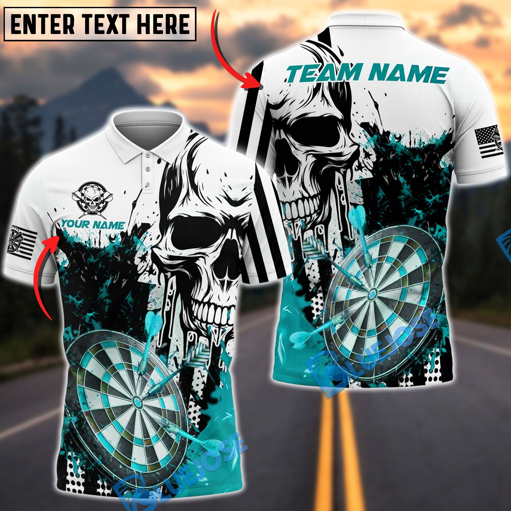BlueJose Darts Skull Splash Personalized Name, Team Name Unisex Shirt (4 Colors)