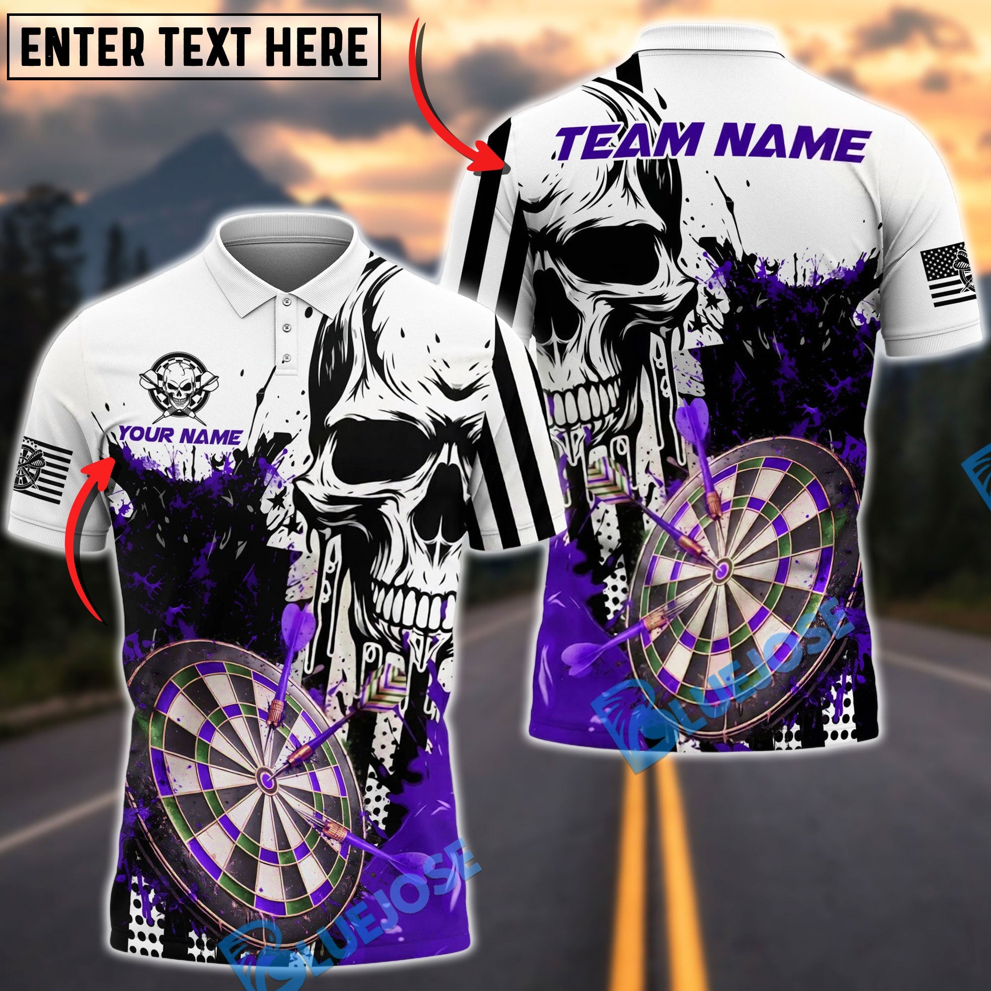 BlueJose Darts Skull Splash Personalized Name, Team Name Unisex Shirt (4 Colors)