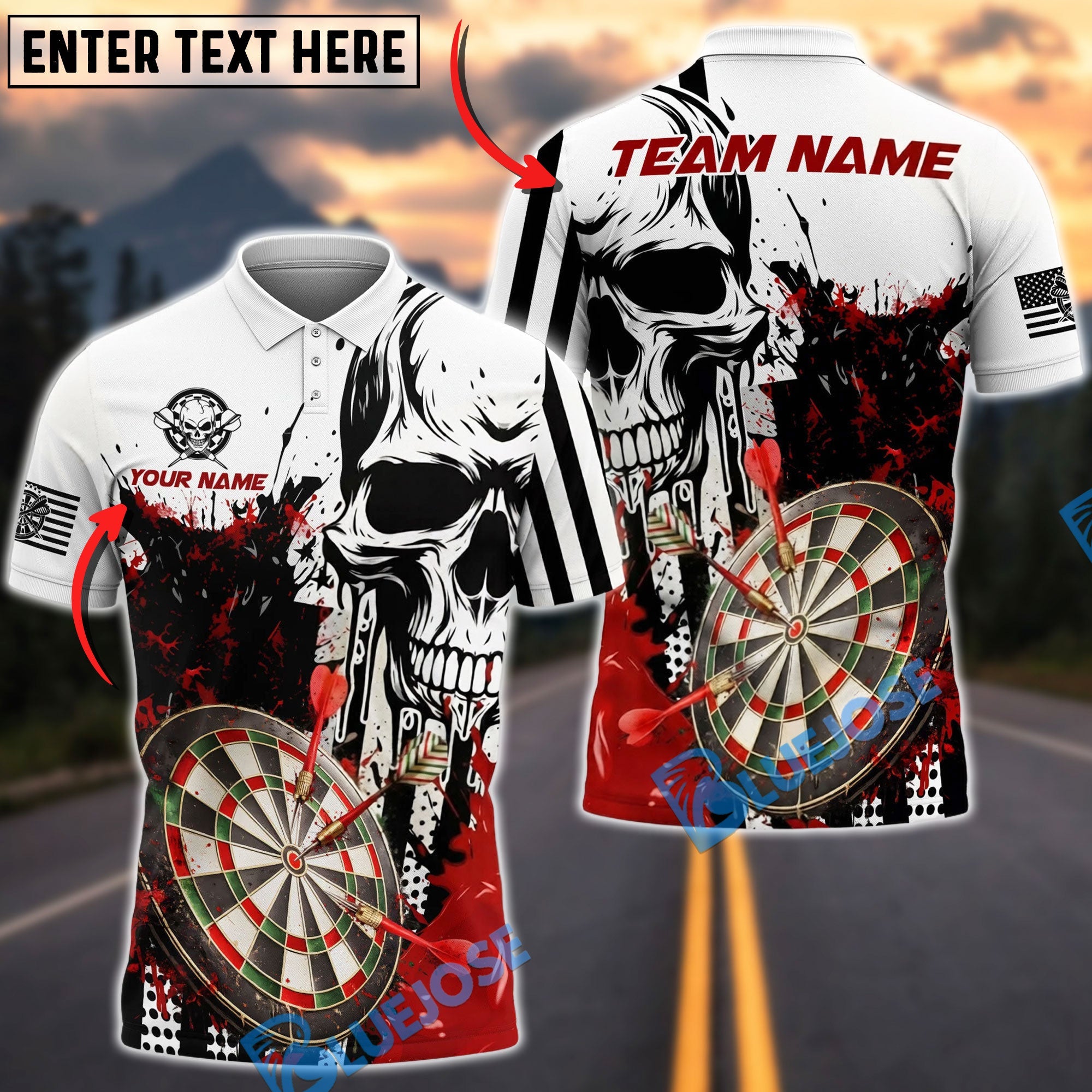 BlueJose Darts Skull Splash Personalized Name, Team Name Unisex Shirt (4 Colors)