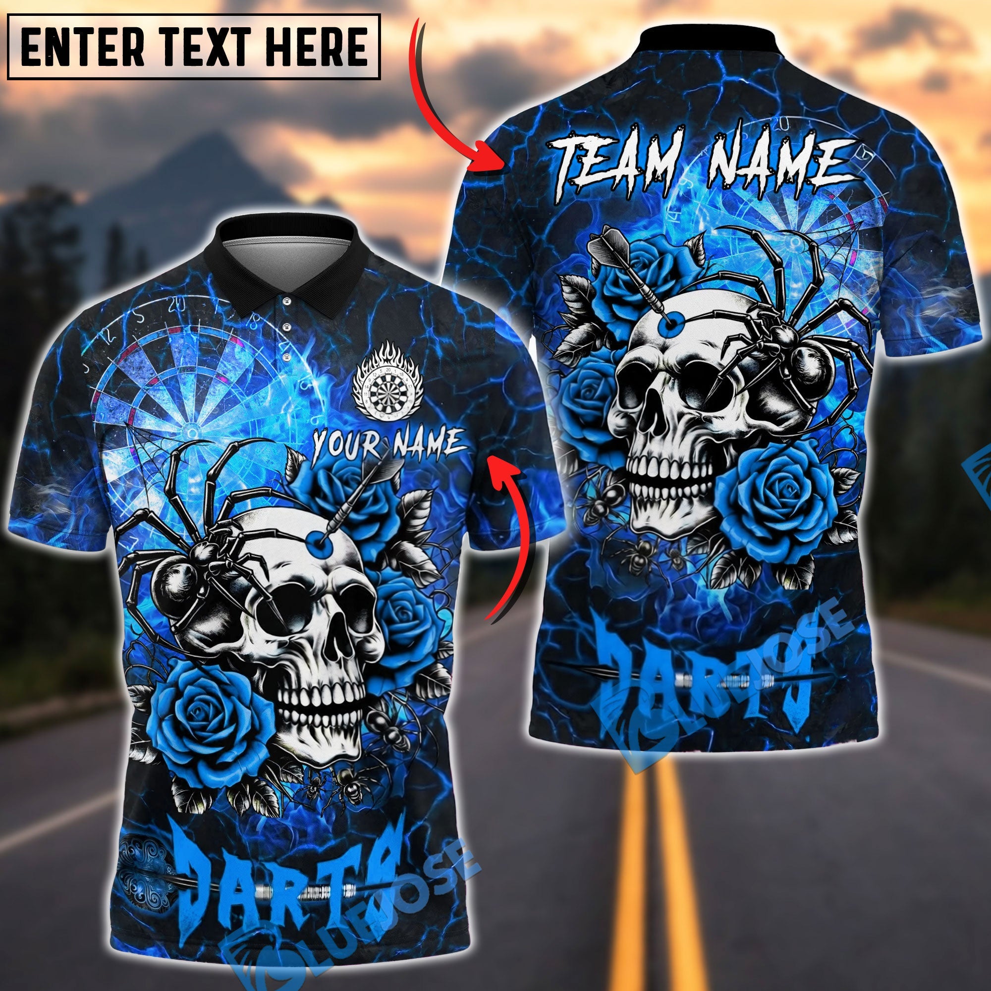 BlueJose Darts Flame Skull Spider Fiery Rose Personalized Name, Team Name Unisex Shirt (4 Colors)