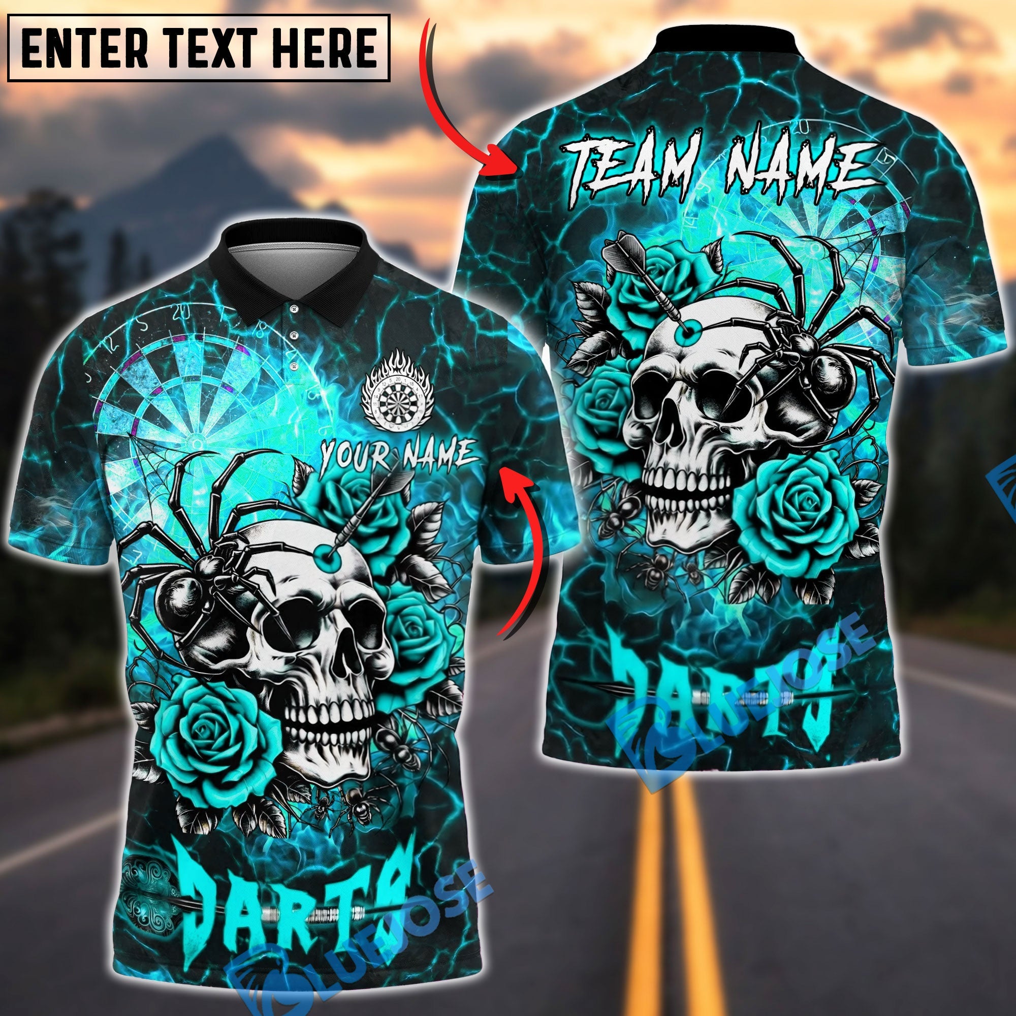 BlueJose Darts Flame Skull Spider Fiery Rose Personalized Name, Team Name Unisex Shirt (4 Colors)